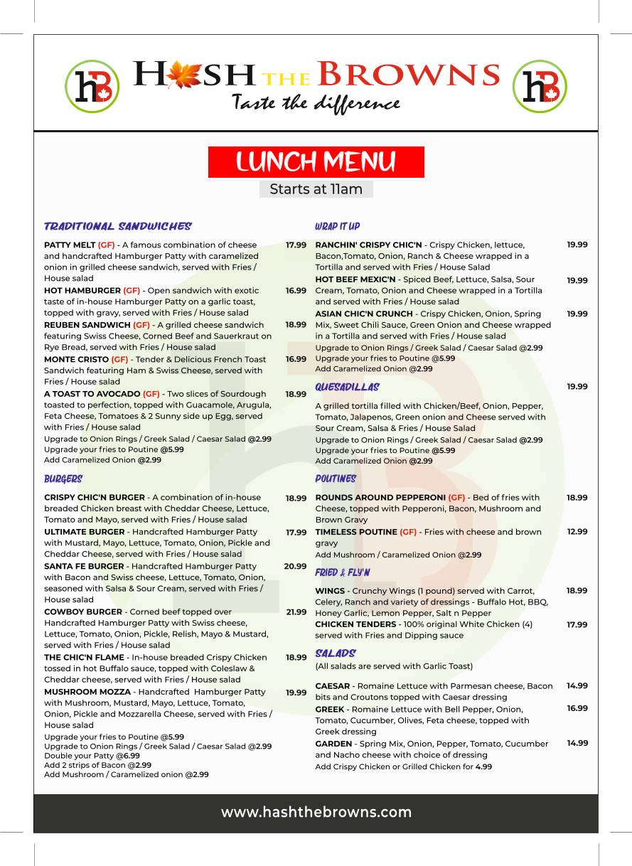Menu at Hash The Browns restaurant, Spruce Grove