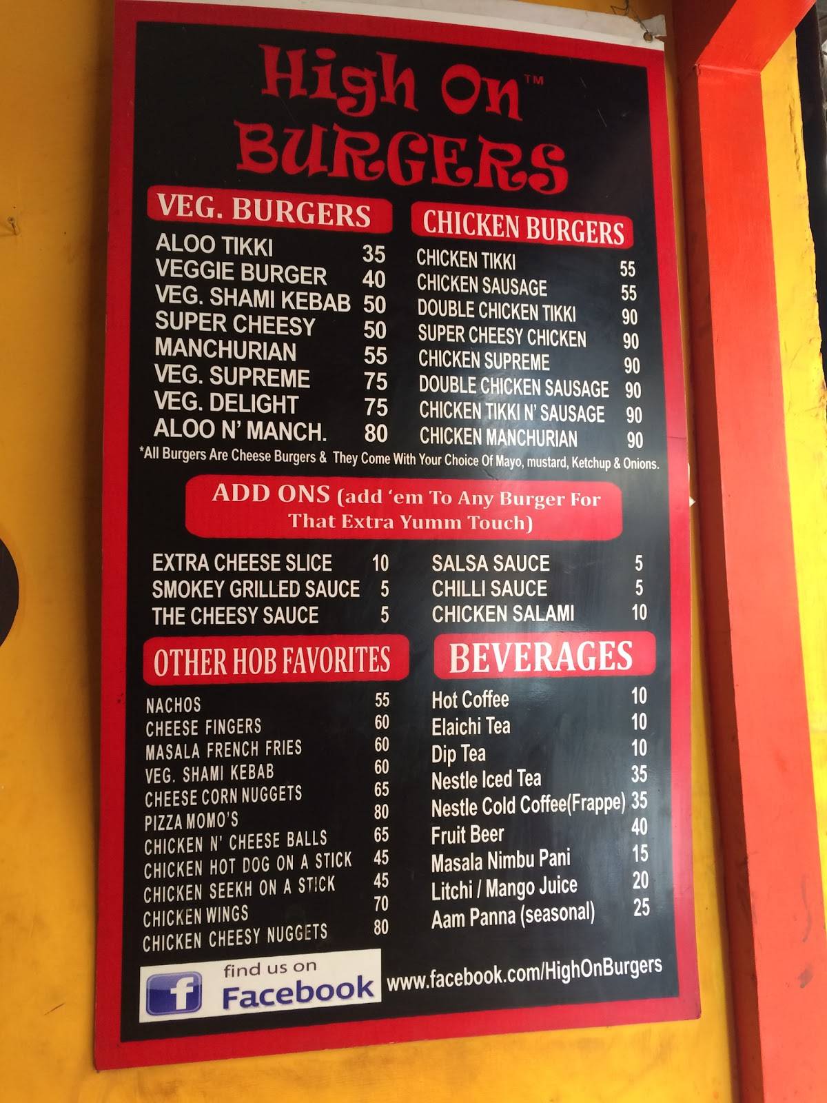 High On Burgers menu