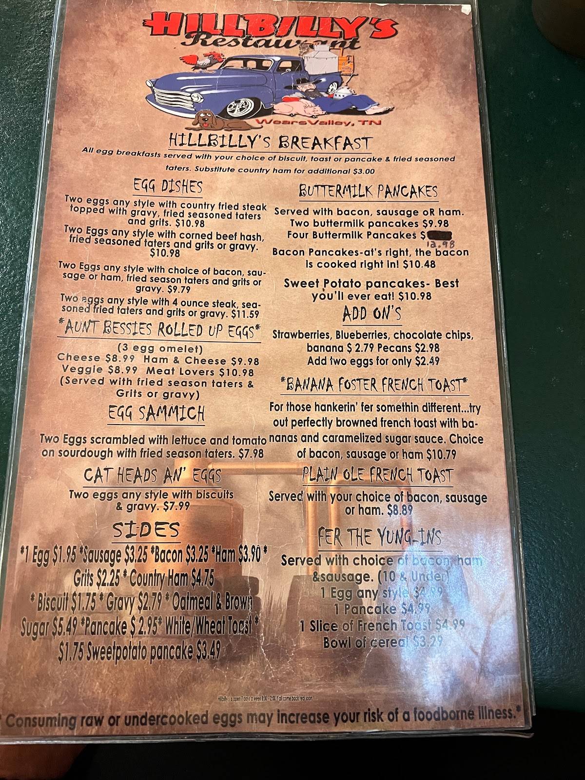 Menu at Hillbilly's Restaurant, Pigeon Wears Valley Rd