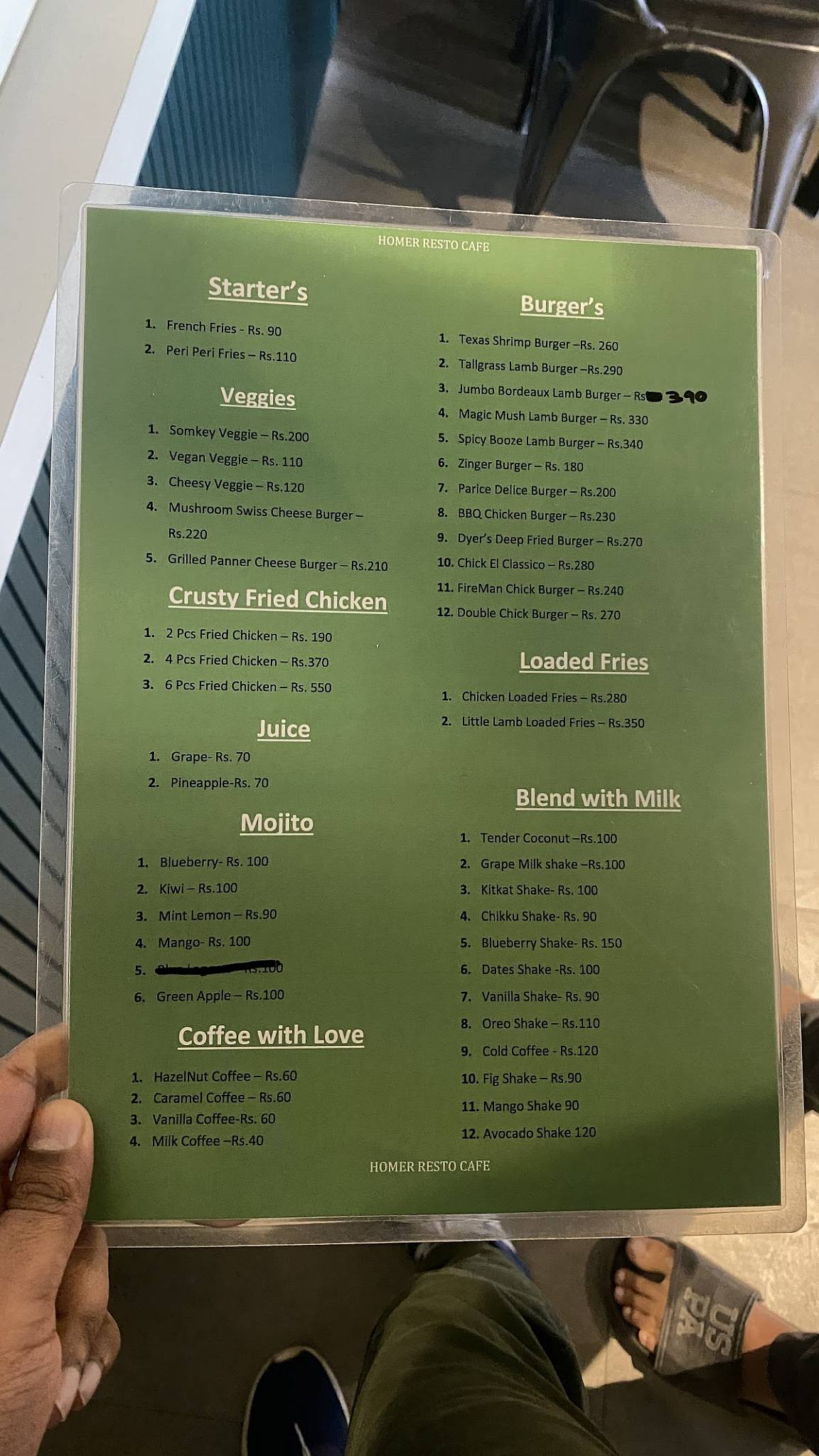 Menu at Homer resto cafe, Bengaluru