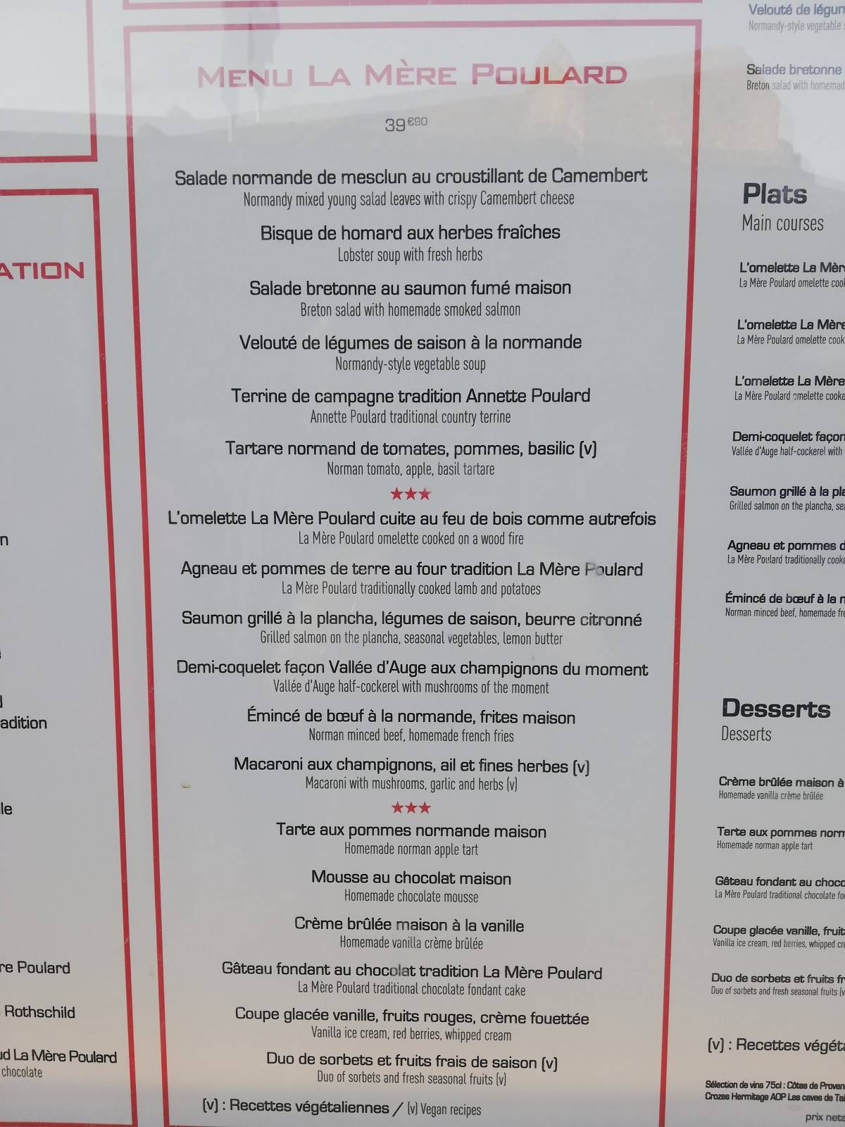 Menu au La Mère Poulard restaurant, Le Mont-Saint-Michel, Grande Rue bp 18