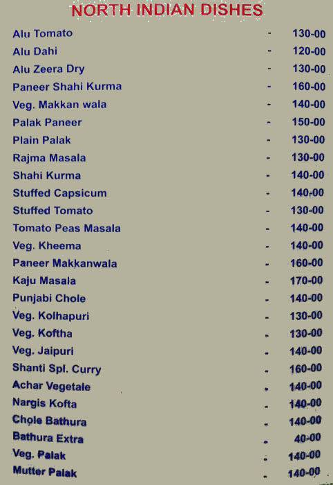 Hotel Shanthi Deluxe menu