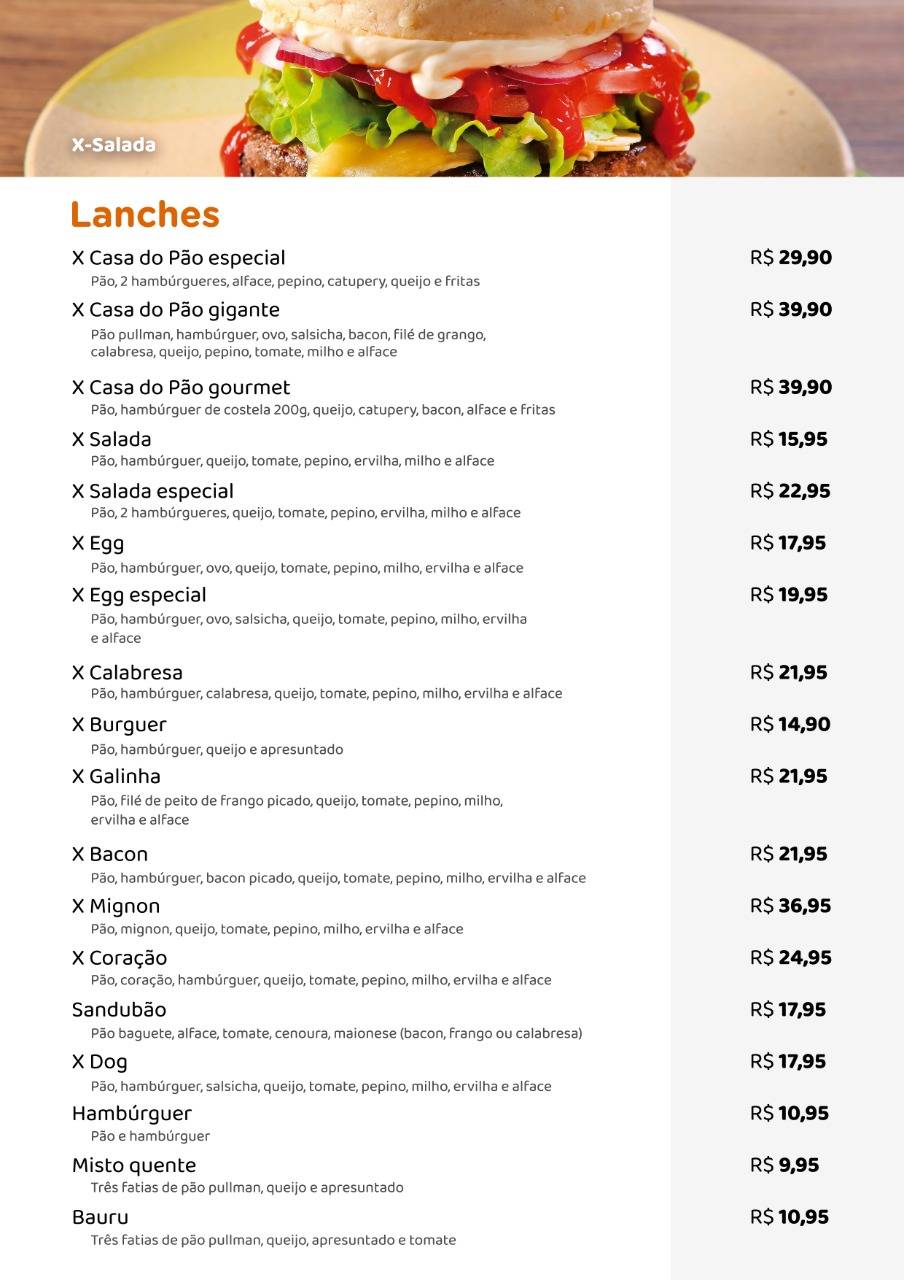 Casa do Pão cardápio