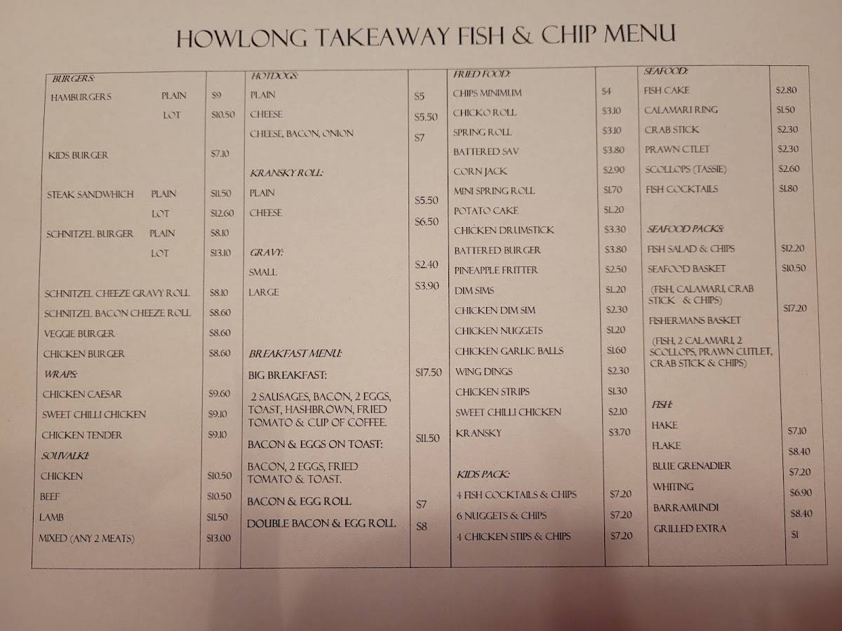 Menu at Howlong Takeaway pizzeria, Howlong