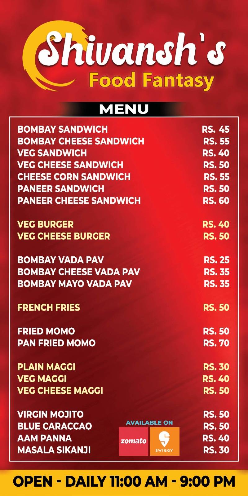 Shivansh's Food Fantasy menu