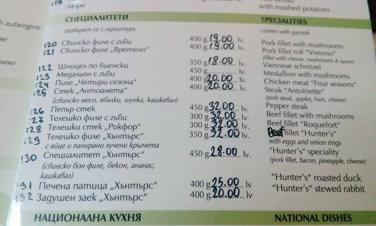 Menu at Hunters restaurant, Borovets