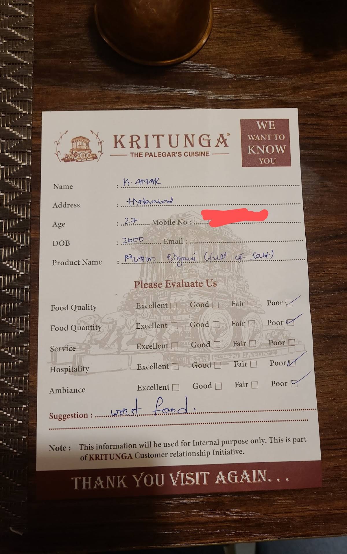 Kritunga - The Palegar's Cuisine menu
