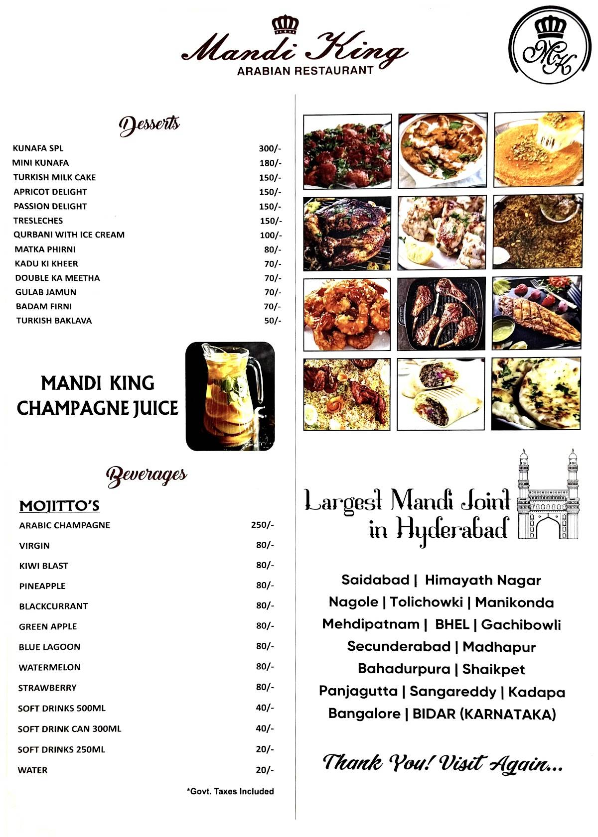 Mandi King Arabian Restaurant menu