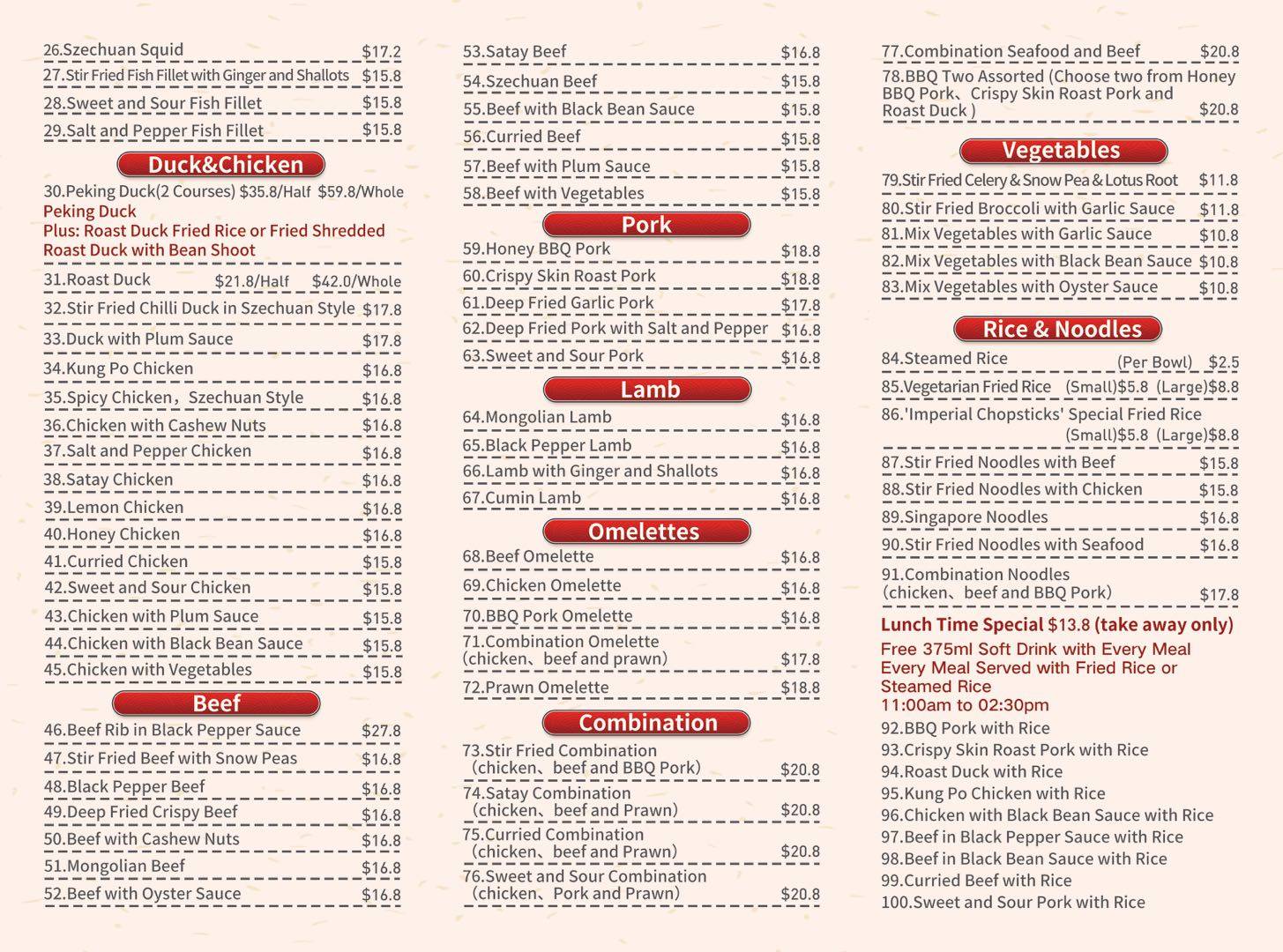 Menu at Imperial Chopsticks restaurant, Murray Bridge