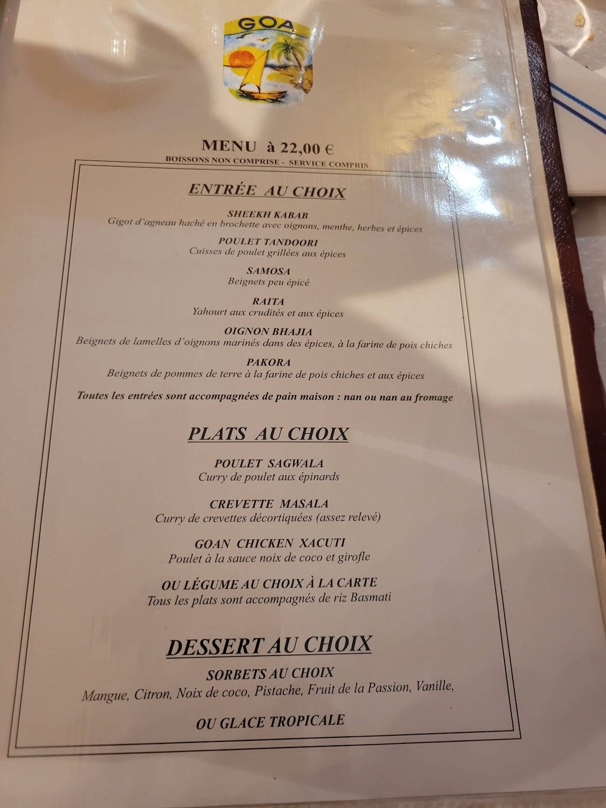 Menu de Restaurant Indien Goa