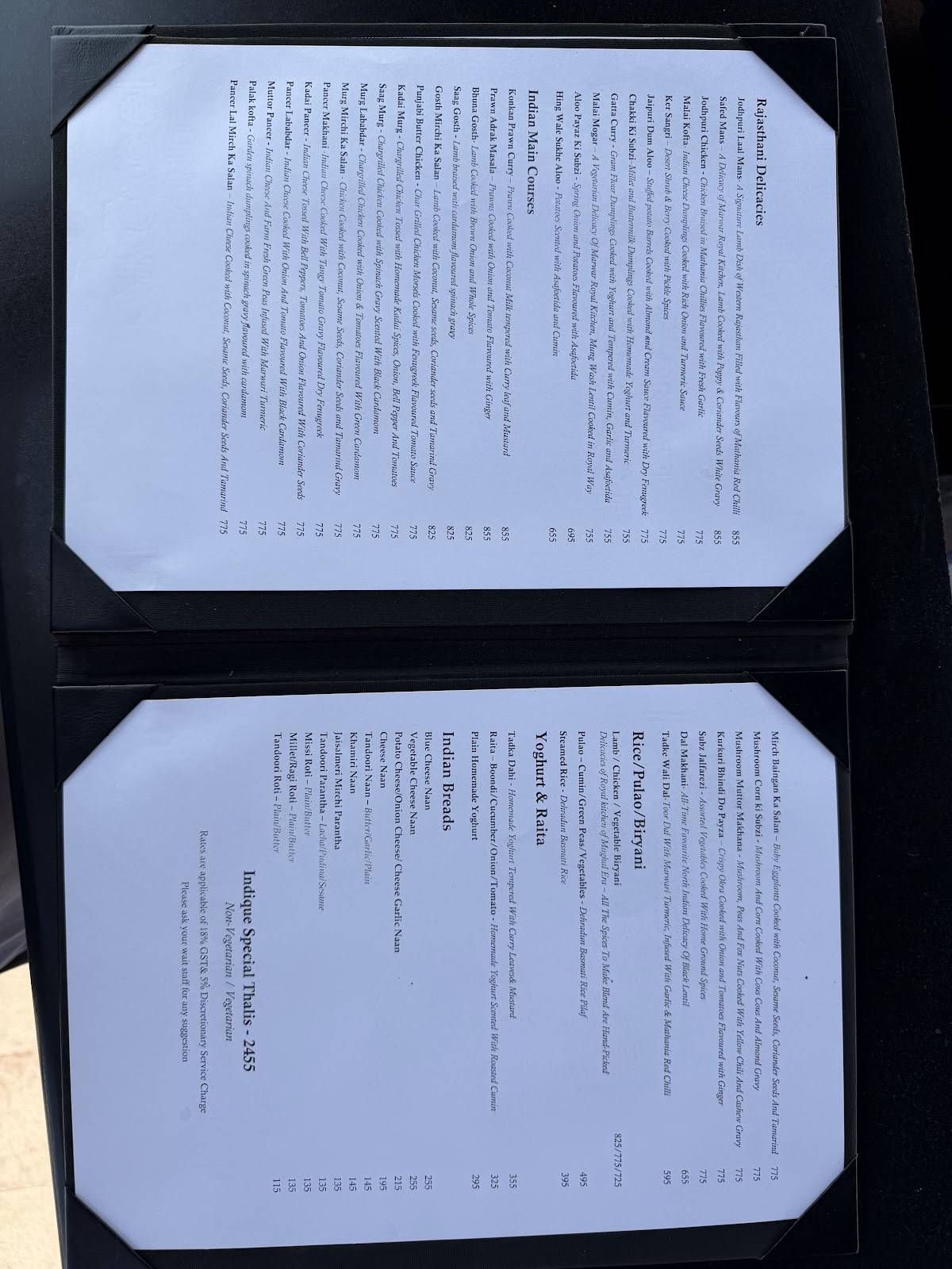 Indique Restaurant & Bar menu