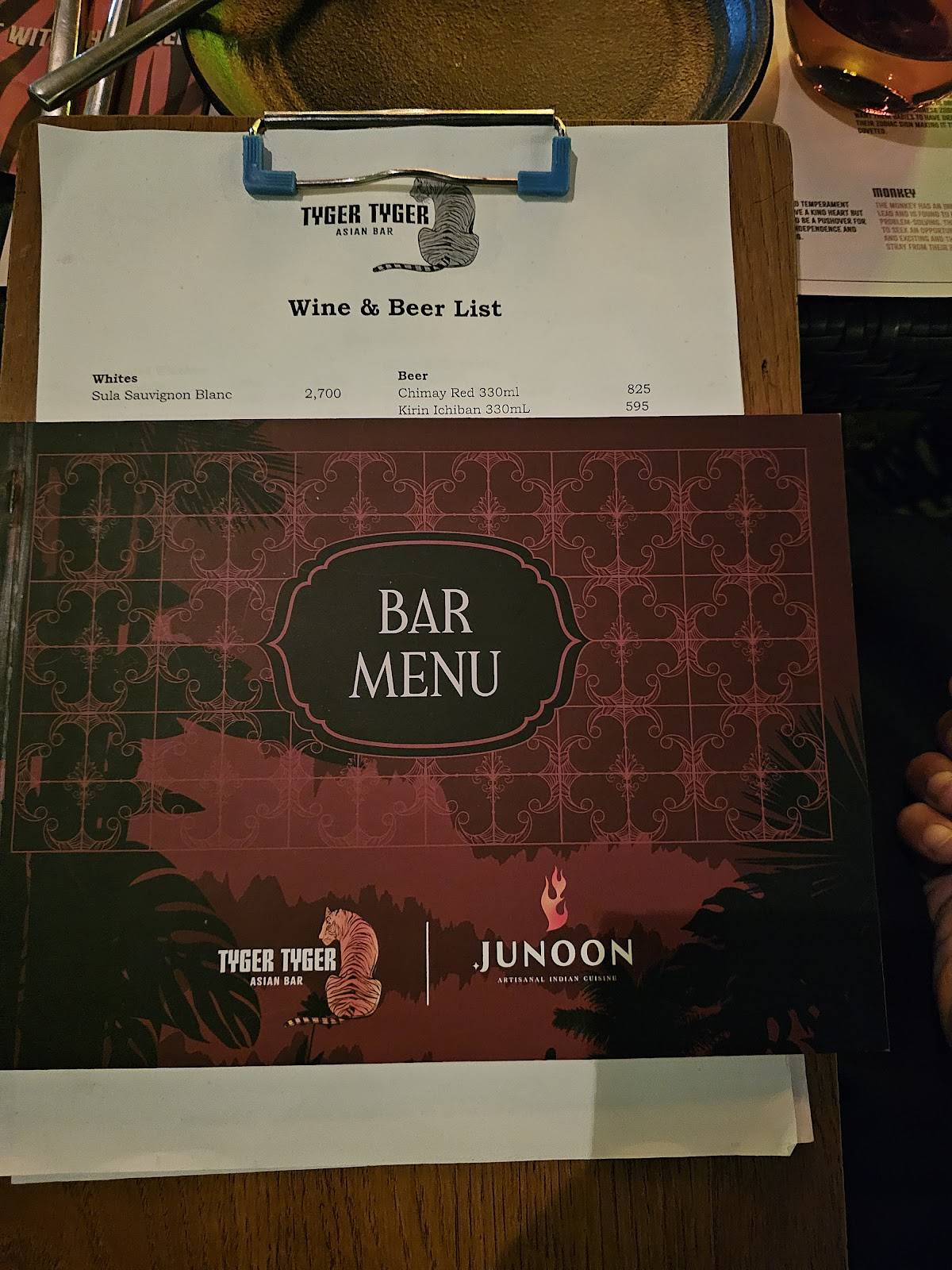Tyger Tyger Asian Bar menu