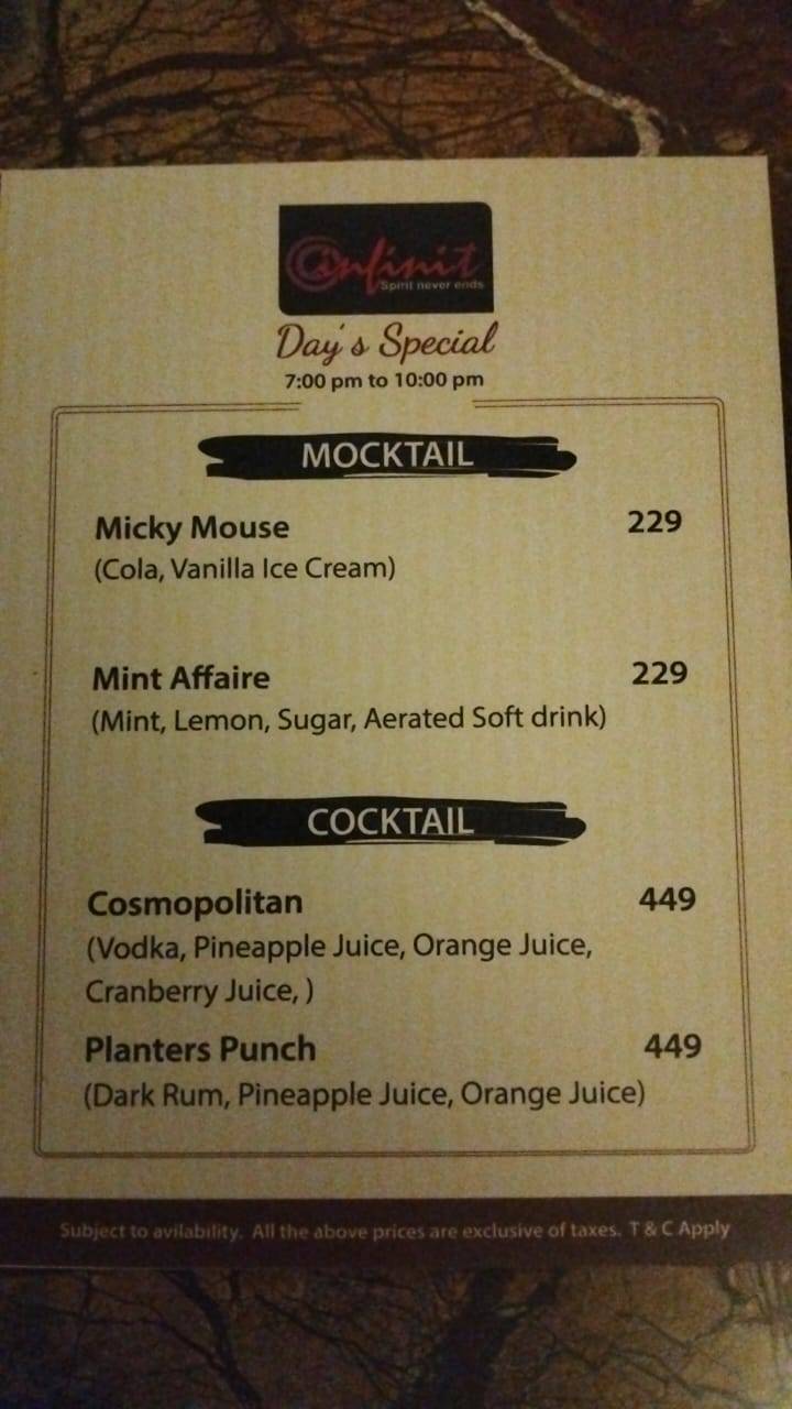 Infinit Roof Top Resto Bar menu