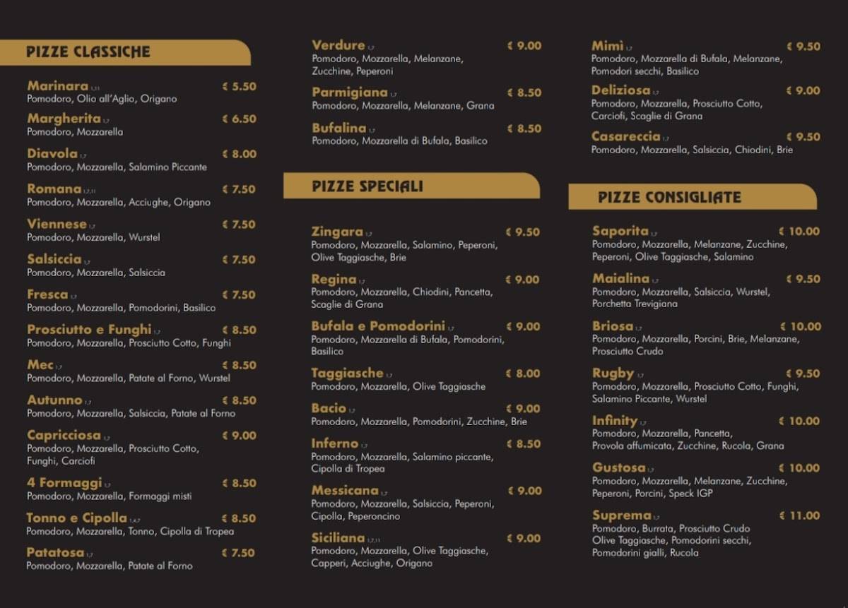 Menu di Infinity pizza Treviso 