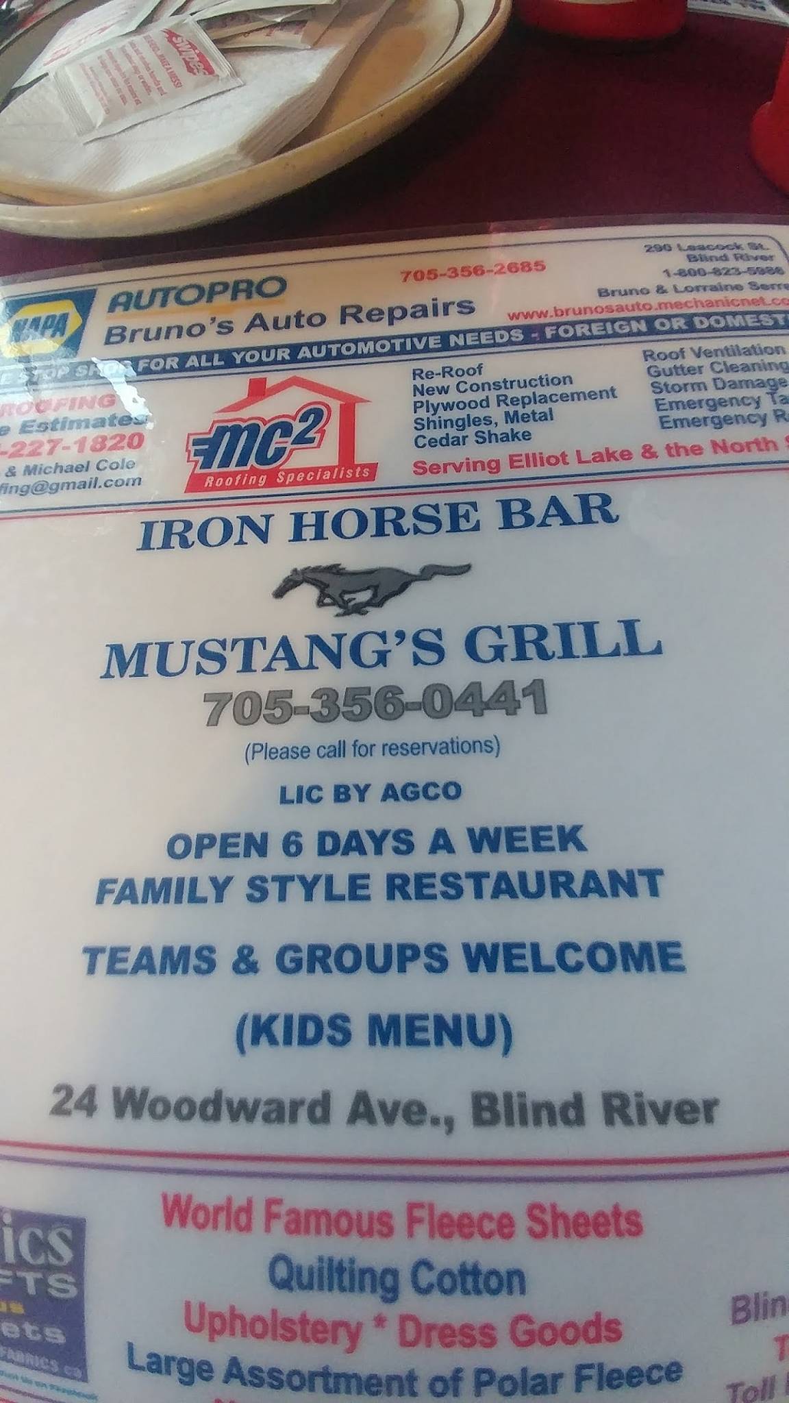 Menu at Iron Horse INN/Mustangs Grill pub & bar, Blind River