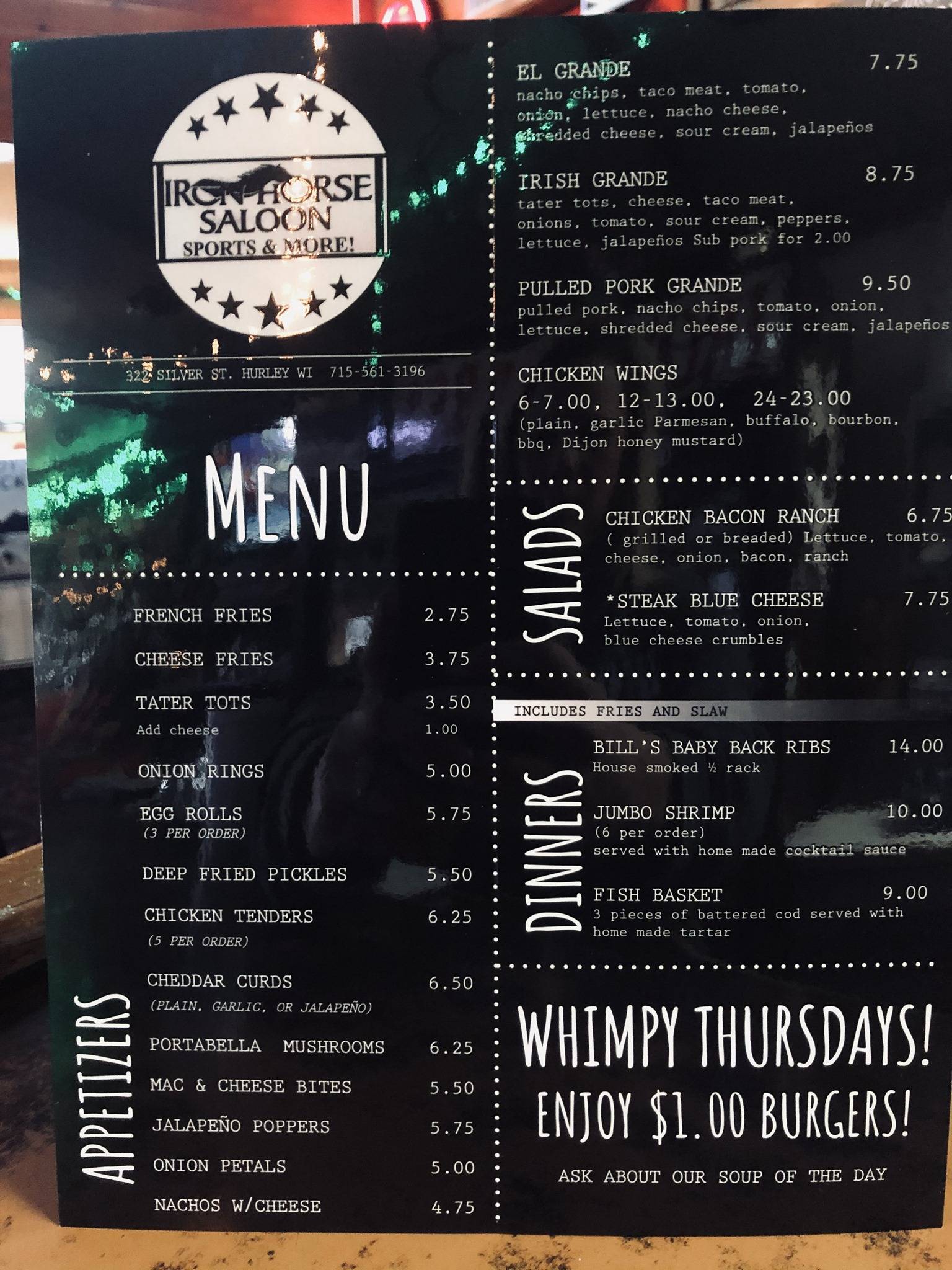 Menu at Iron Horse Inn pub & bar, Hurley