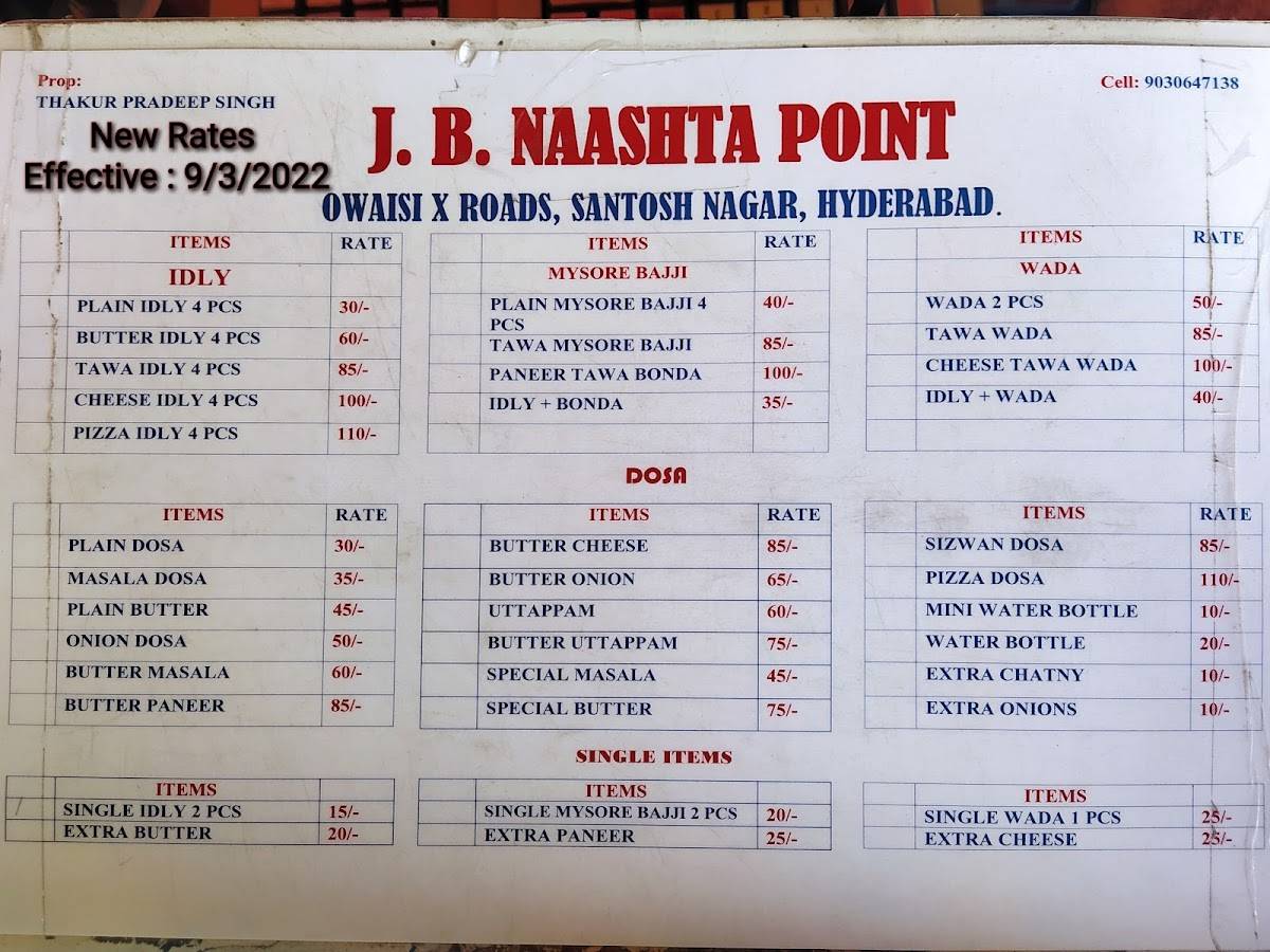 J.B Nashta Point menu