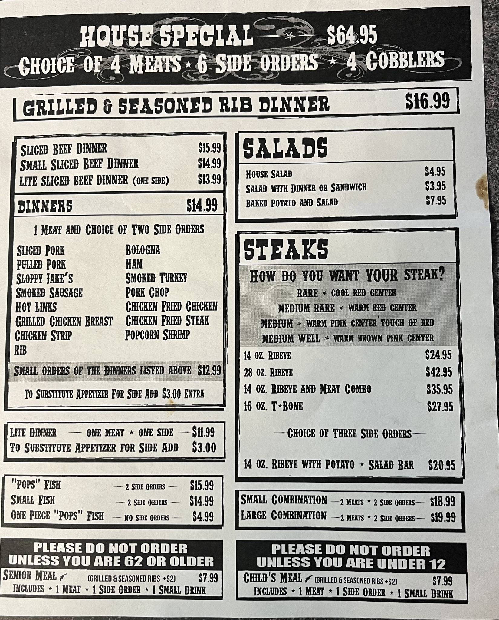 Menu at Jake's Rib BBQ, Chickasha