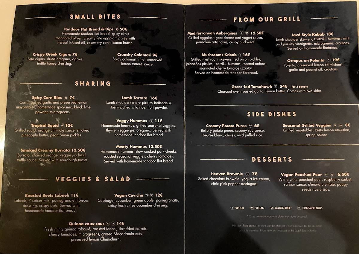 Menu at Javá Rooftop restaurant, Lisbon