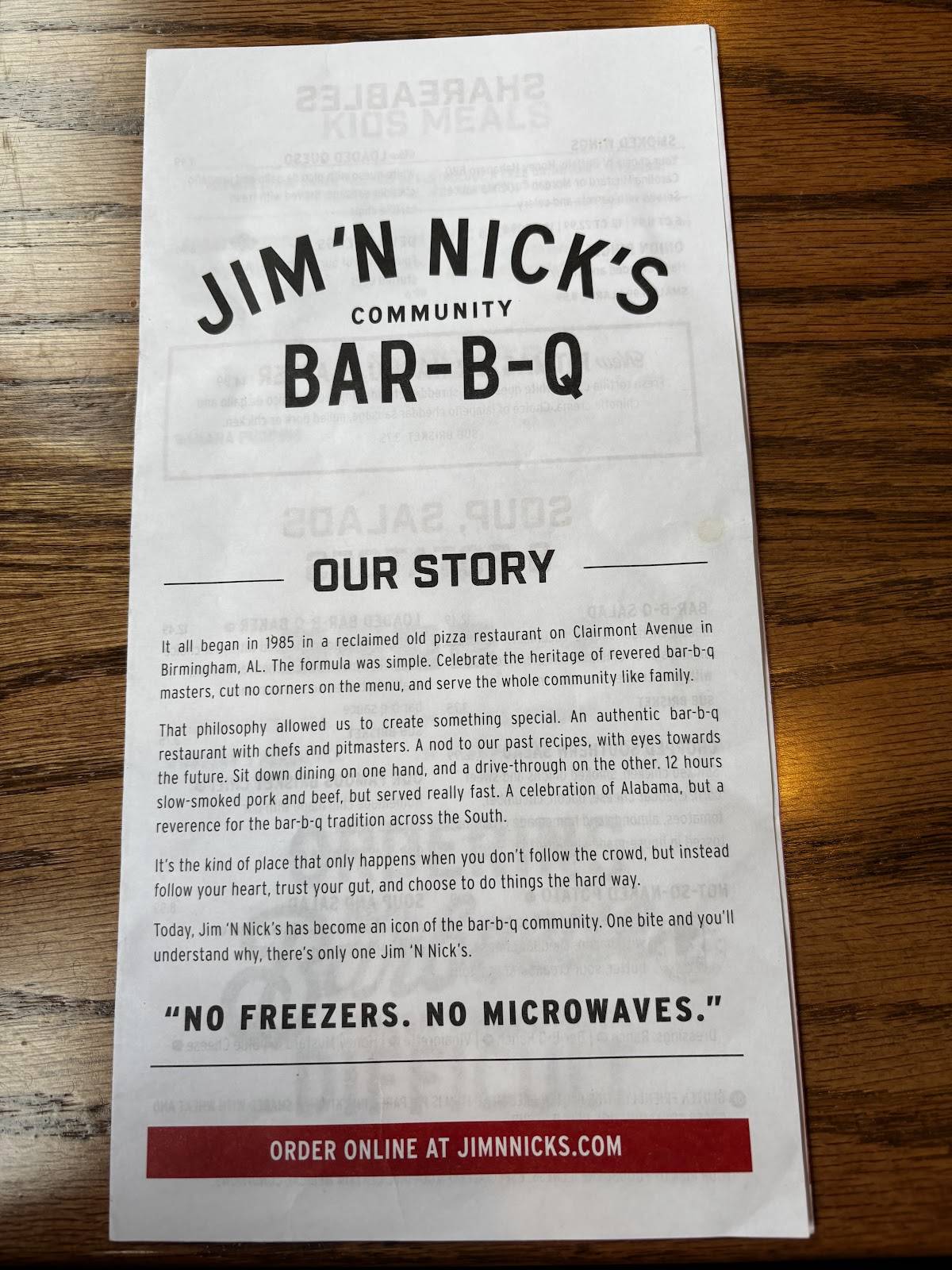Carta de Jim 'N Nick's Bar-B-Q, Hoover, Montgomery Hwy