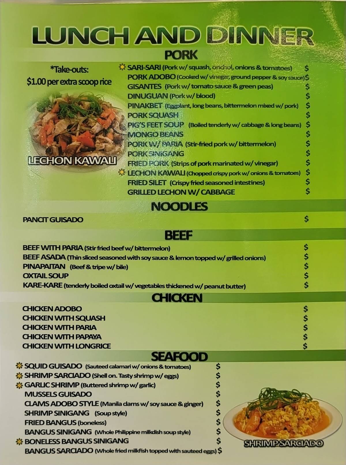 Menu at Julie'Z restaurant, Kapolei