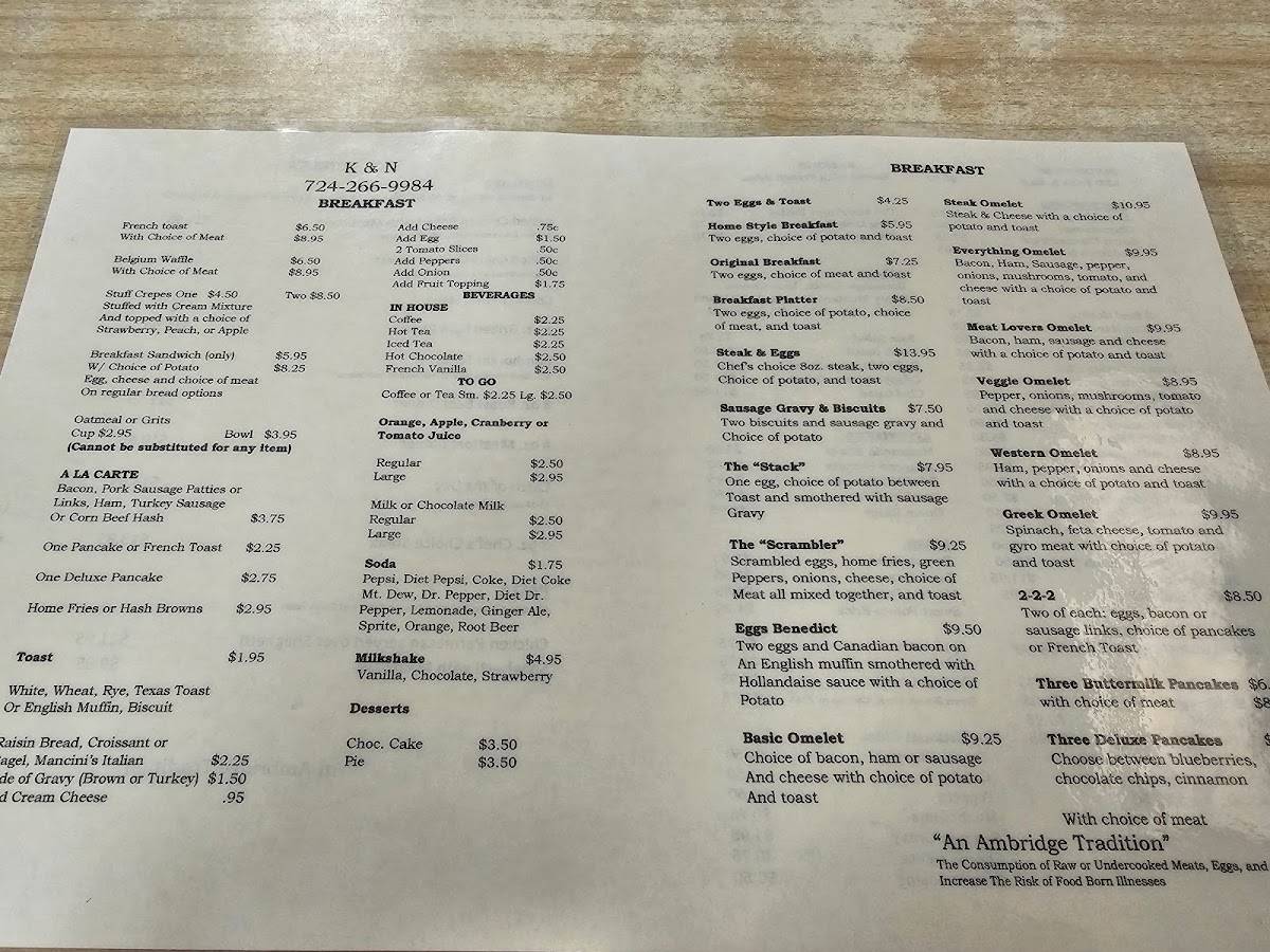 Menu at K & N Restaurant, Ambridge