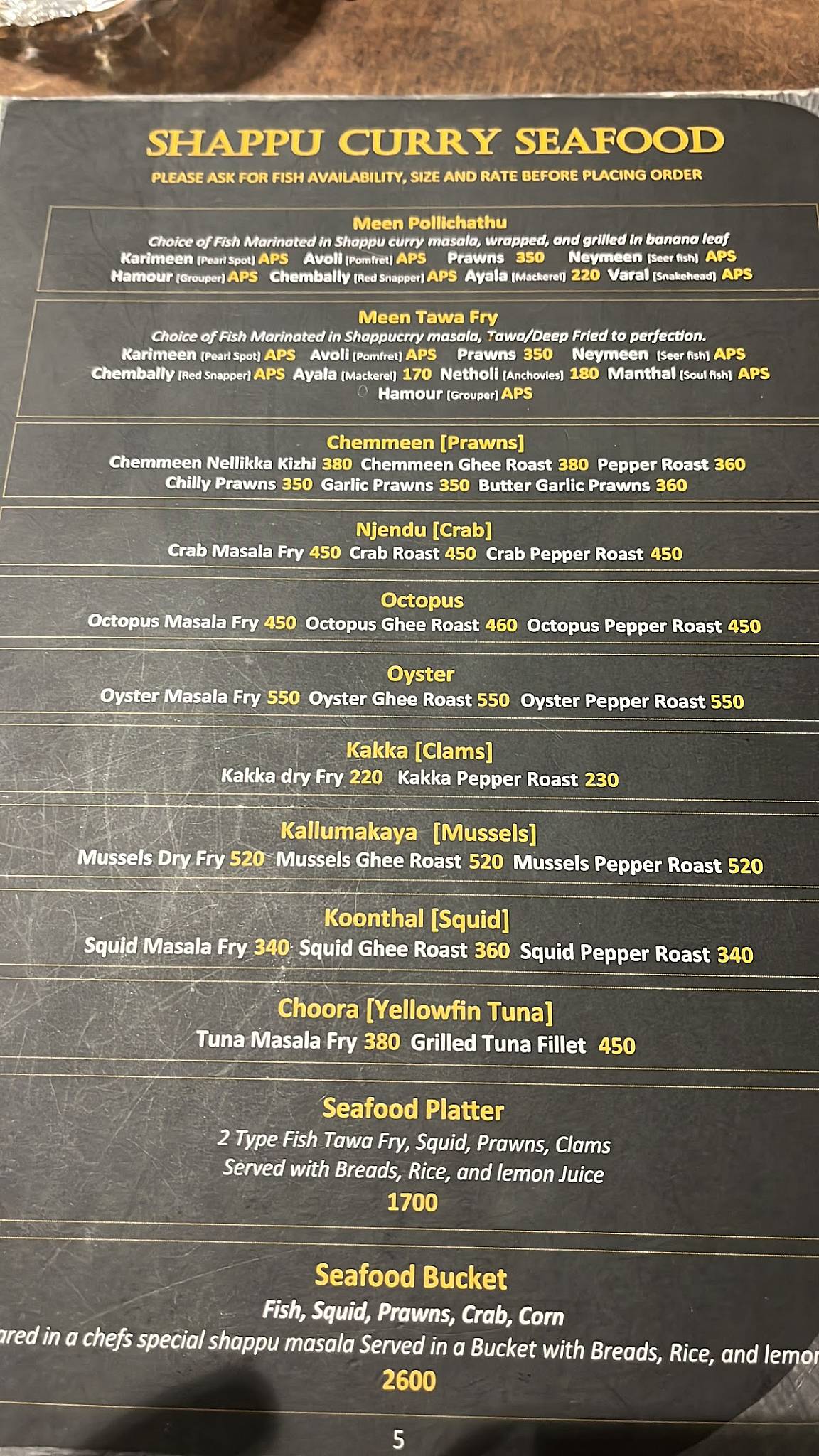 Kadavu Shappu Curry's menu