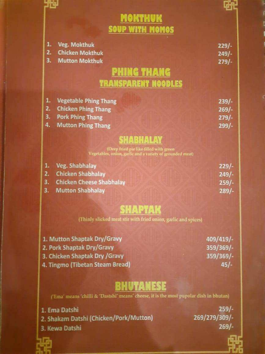 Kalsang Restaurant Delhi menu