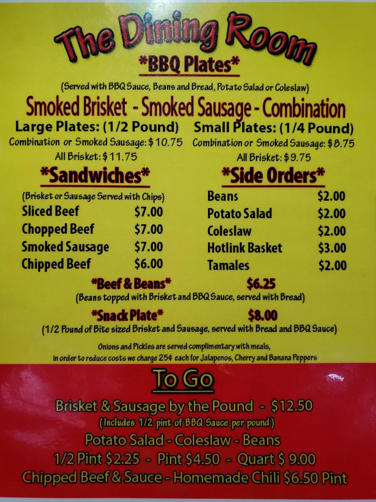 Menu at The Bar BQ Barn, Buffalo Gap