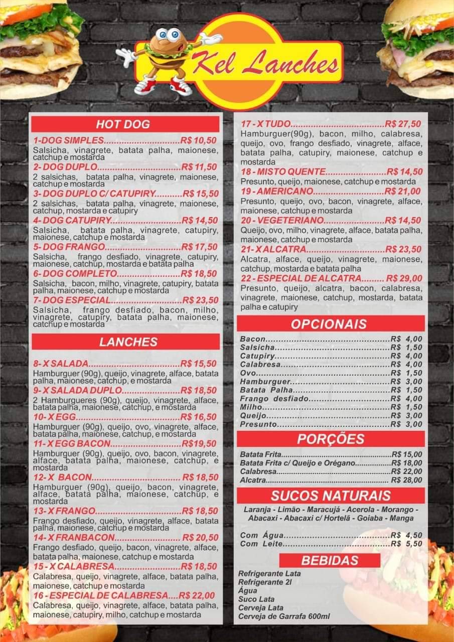 Kel lanches cardápio