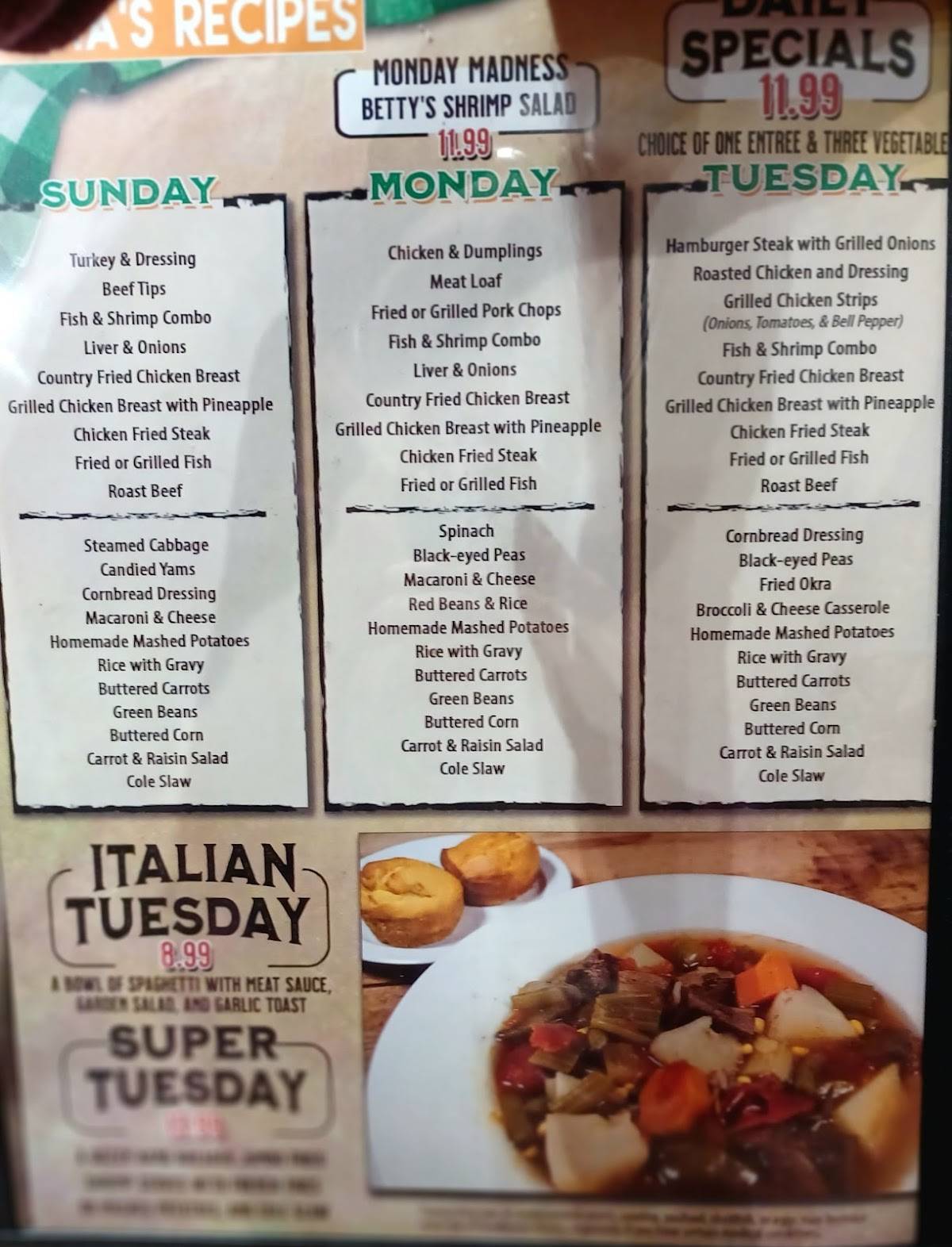 Menu at Kelley's Country Cookin' restaurant, League City, 1502 FM518