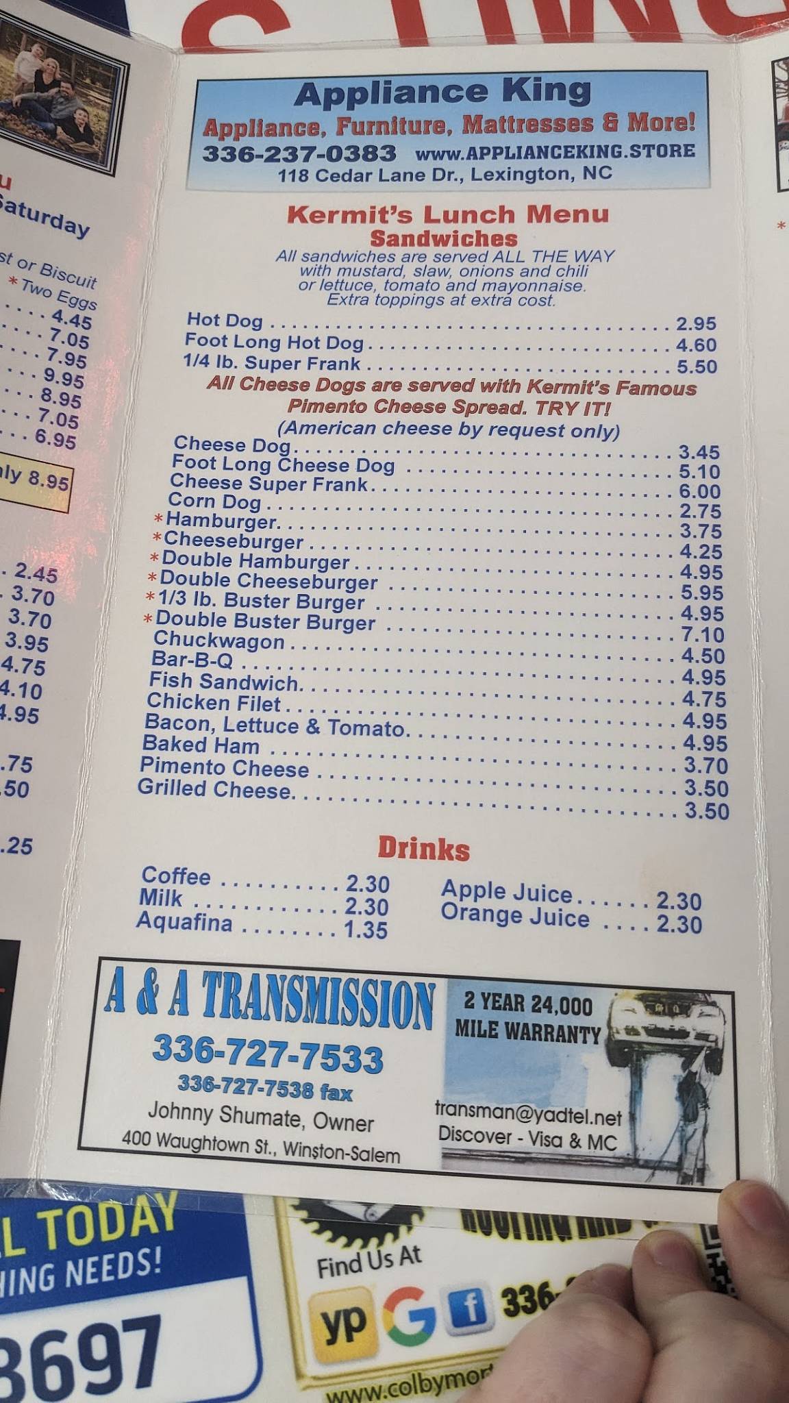 Menu at Kermit's Hot Dog House restaurant, WinstonSalem