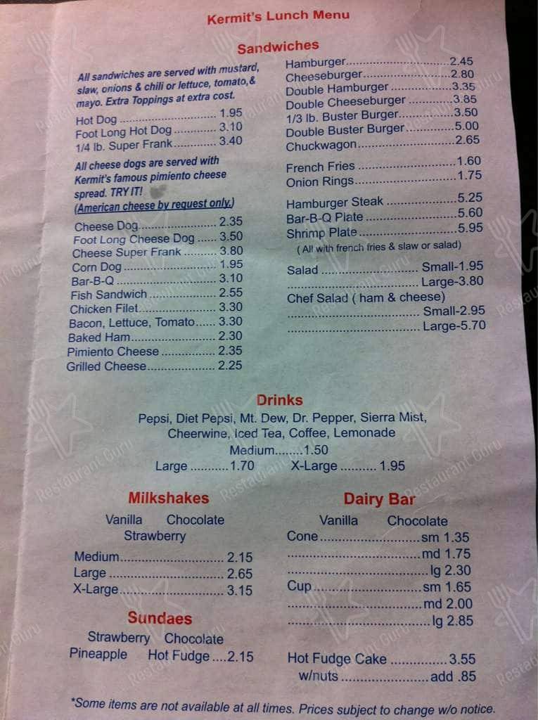 Menu at Kermit's Hot Dog House restaurant, WinstonSalem