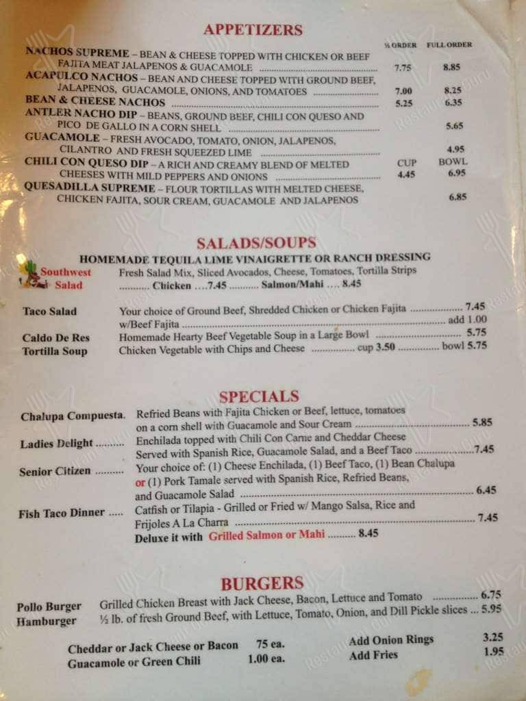 Menu at Acapulco Mexican Restaurant, Kerrville