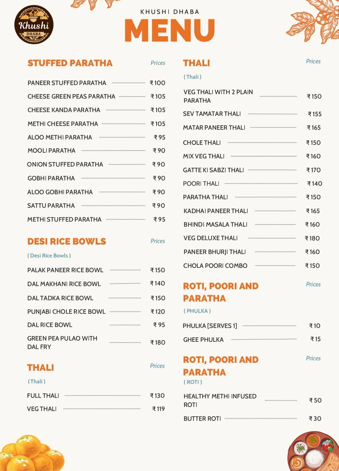 Khushi dhaba menu