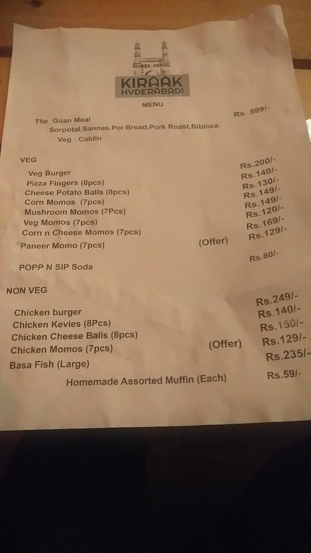 Kiraak Hyderabadi menu