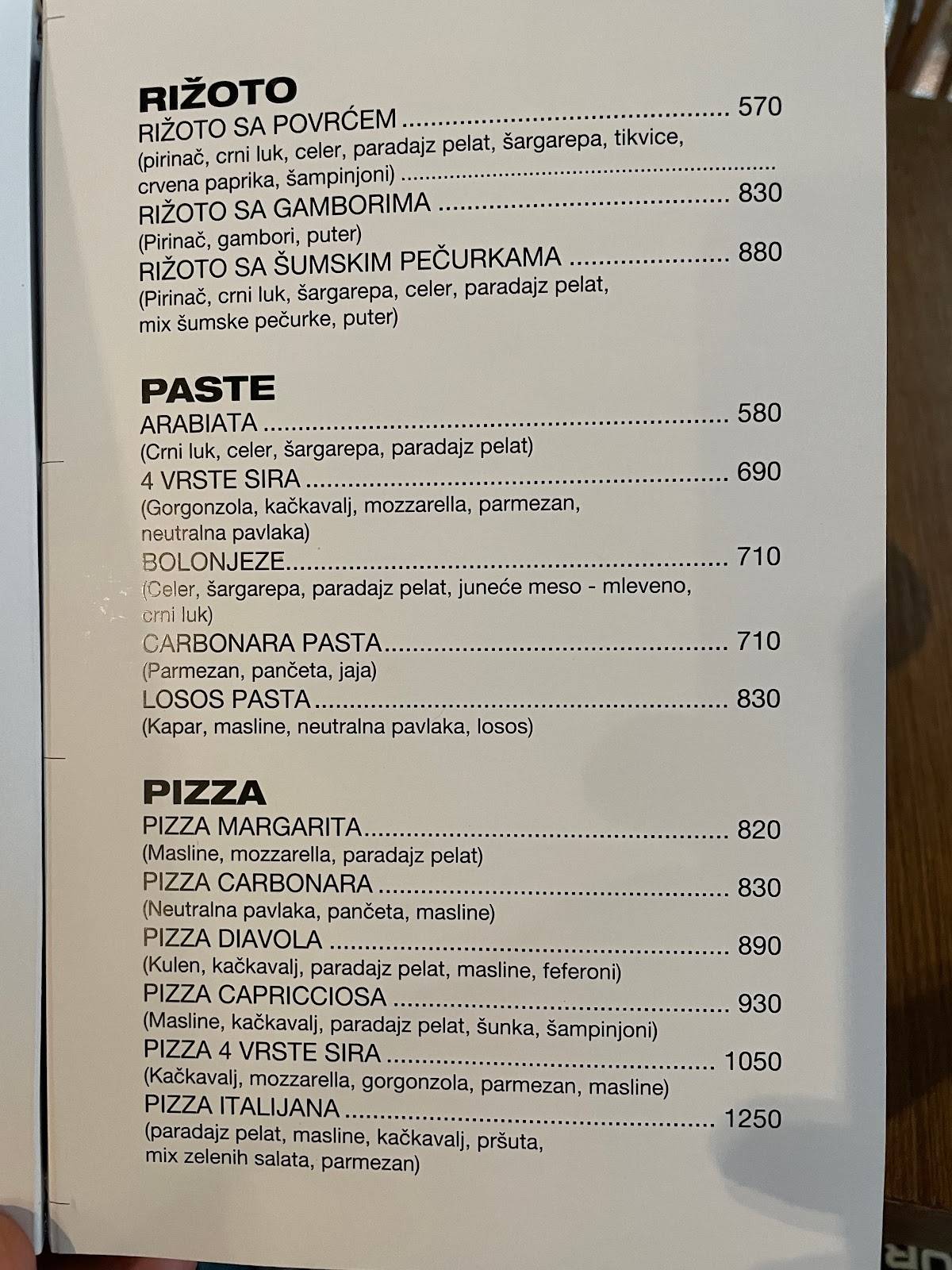 Menu at Big Ben restaurant, Kragujevac