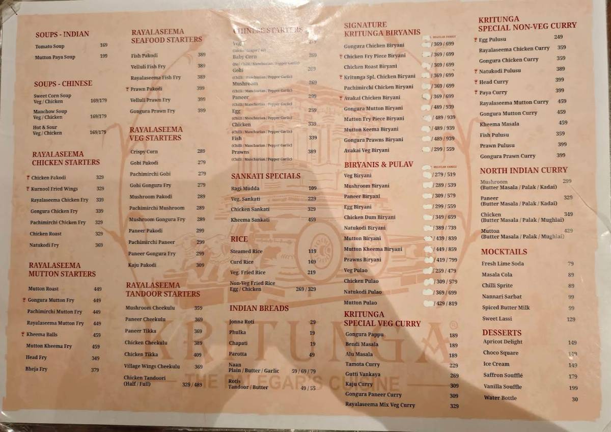 Kritunga - The Palegar's Cuisine menu