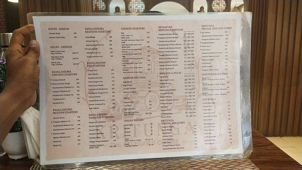 Kritunga - The Palegar's Cuisine menu