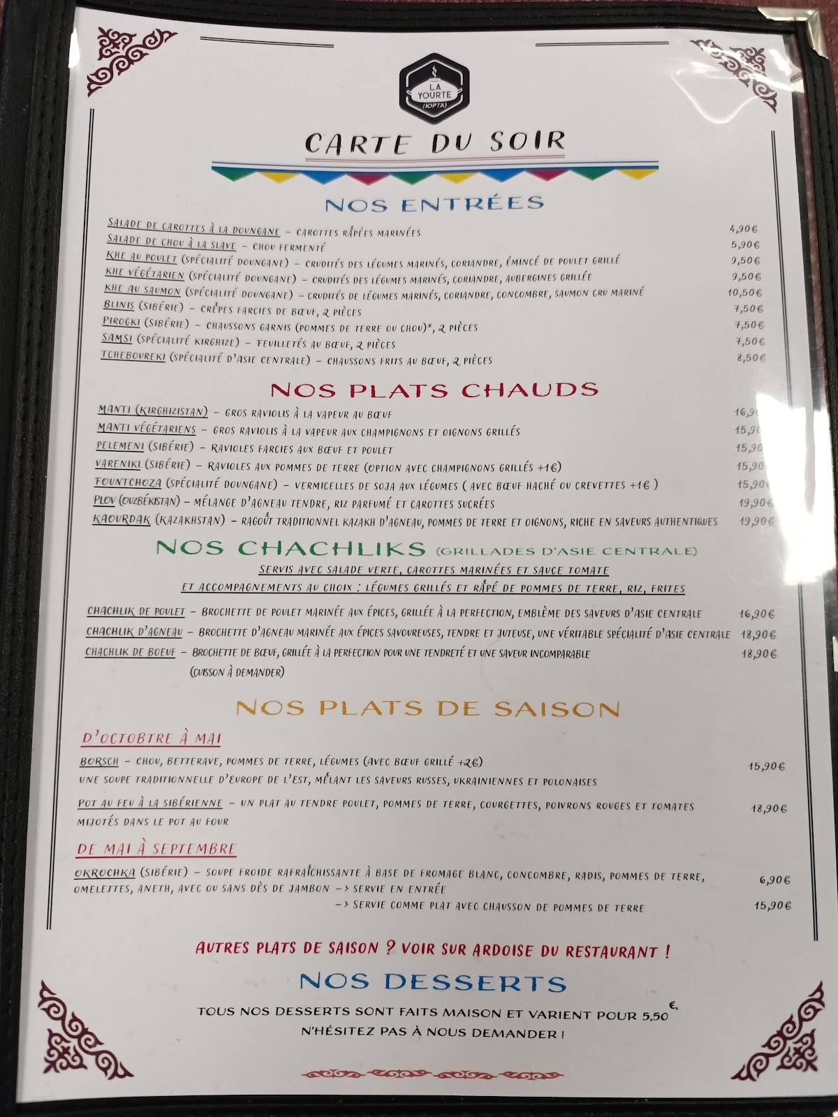 Menu de LA YOURTE