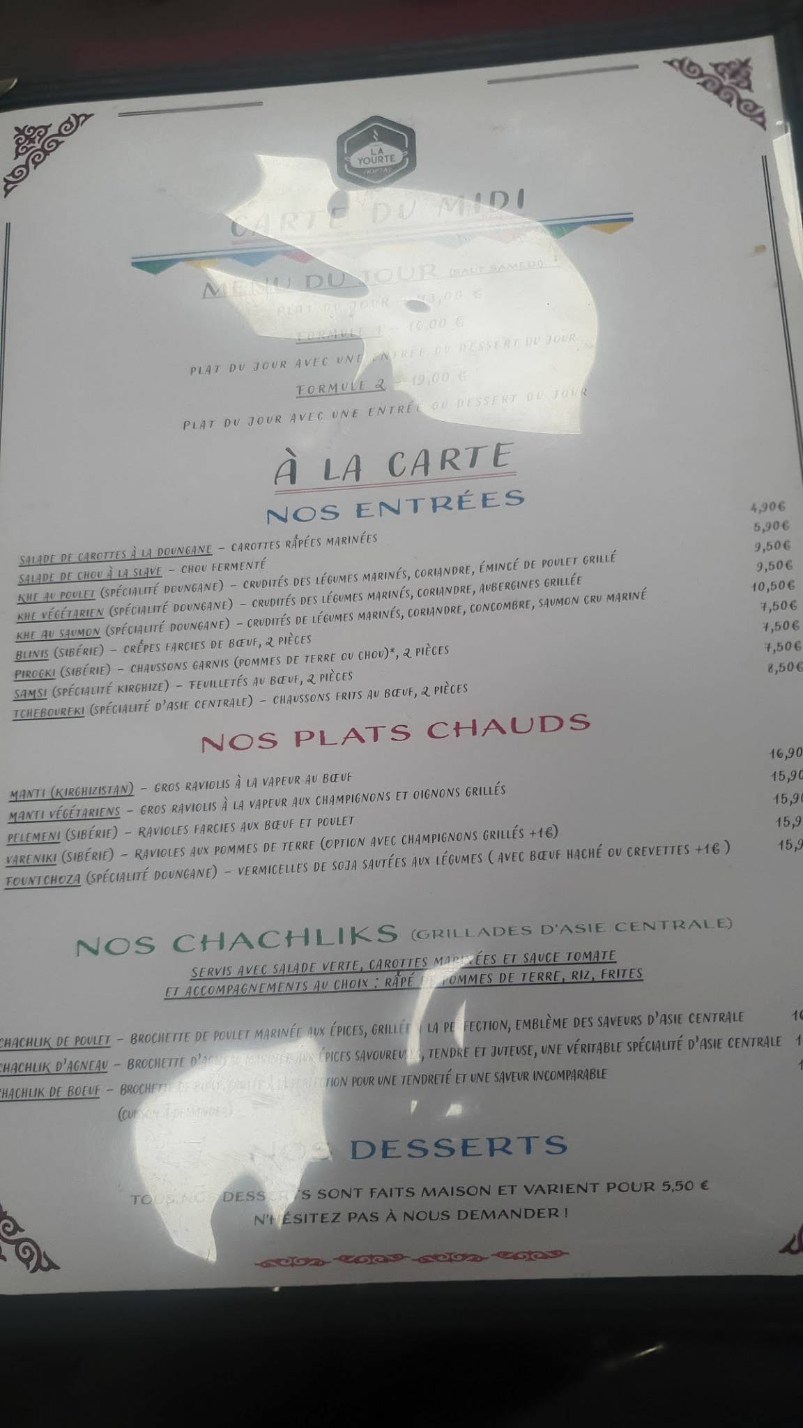 Menu de LA YOURTE