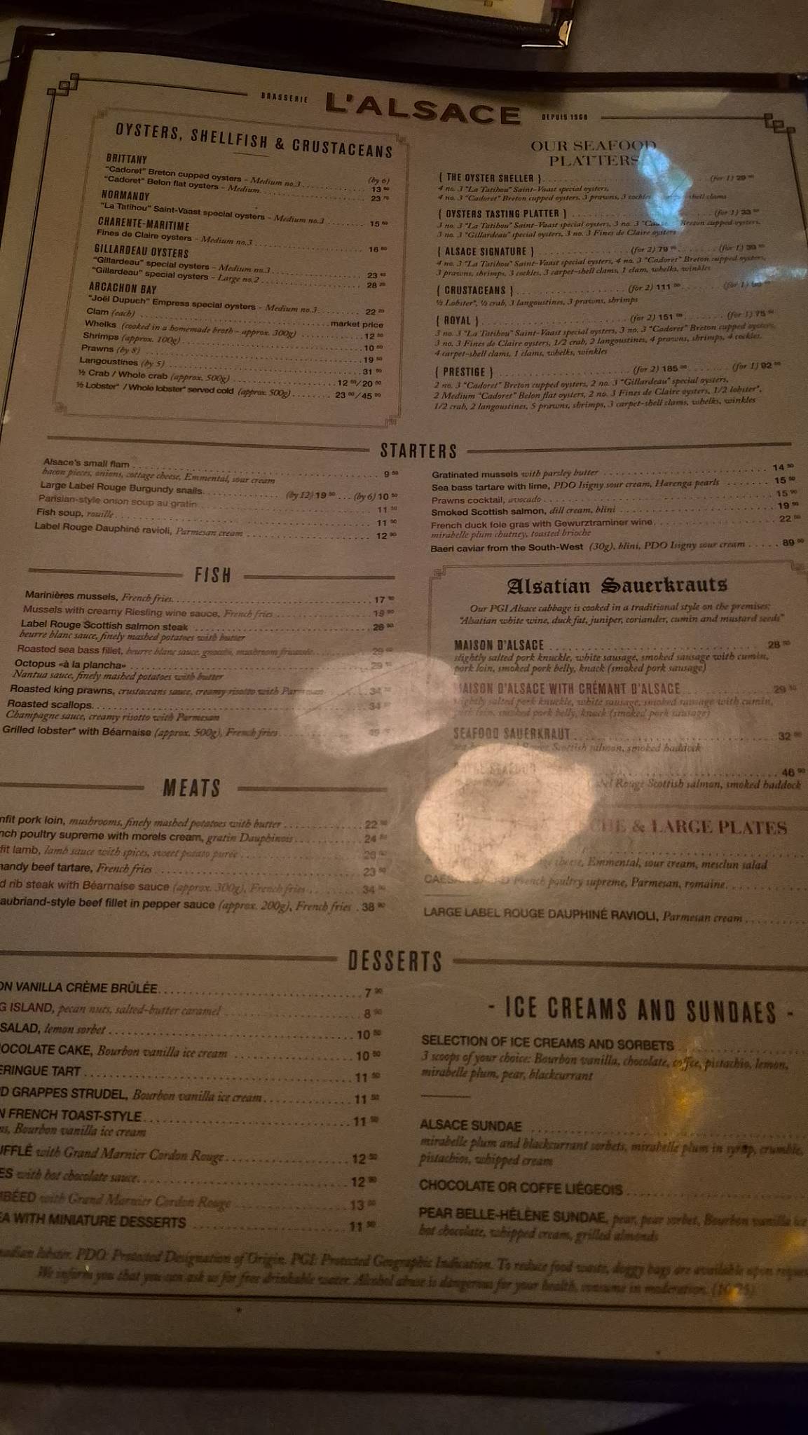 Menu de Brasserie L'Alsace