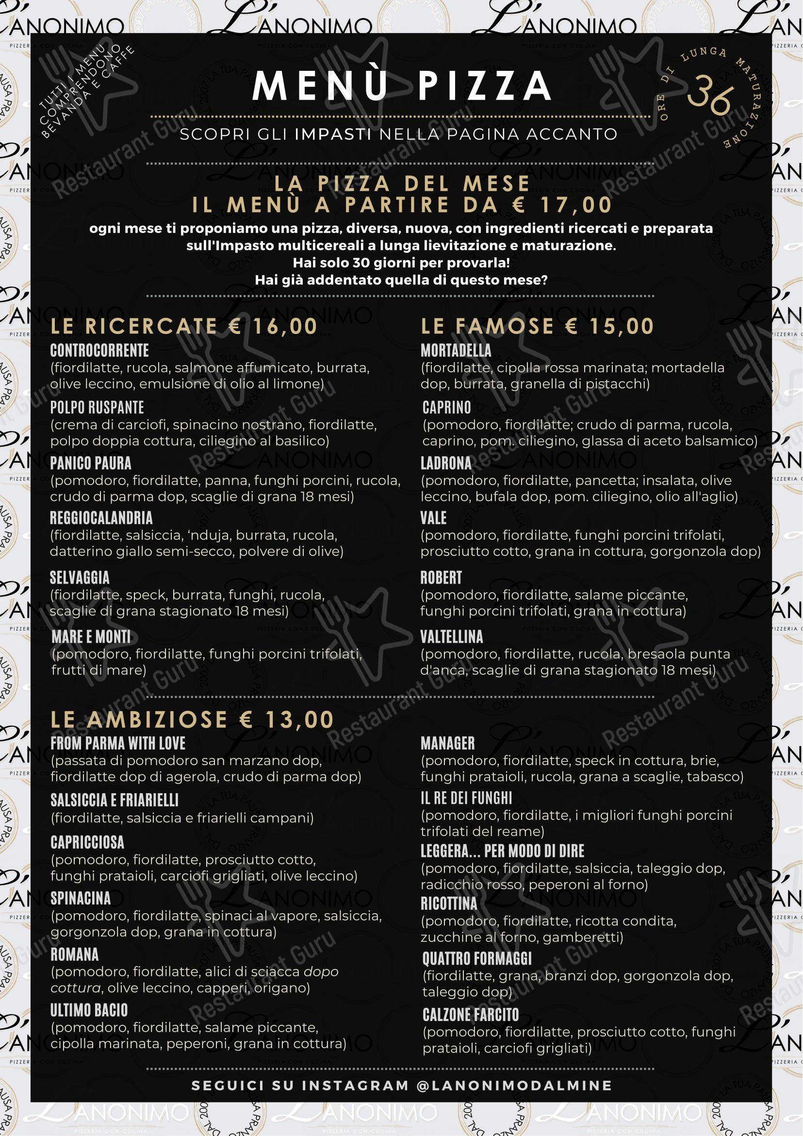 Коктейльная карта per L'Anonimo - Pizzeria con Cucina ristorante