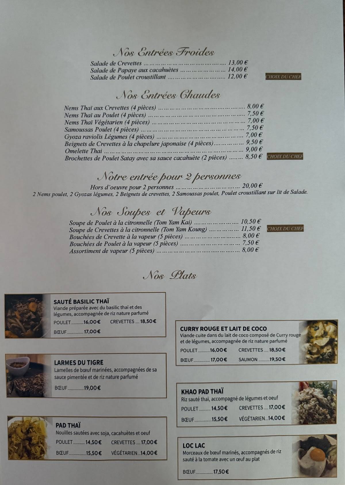 Menu de L'asiane