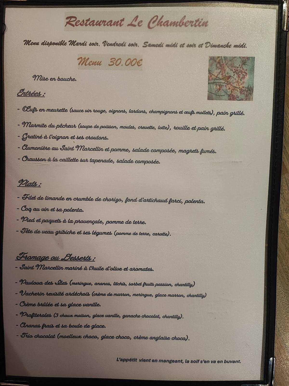 Menu de LE CHAMBERTIN