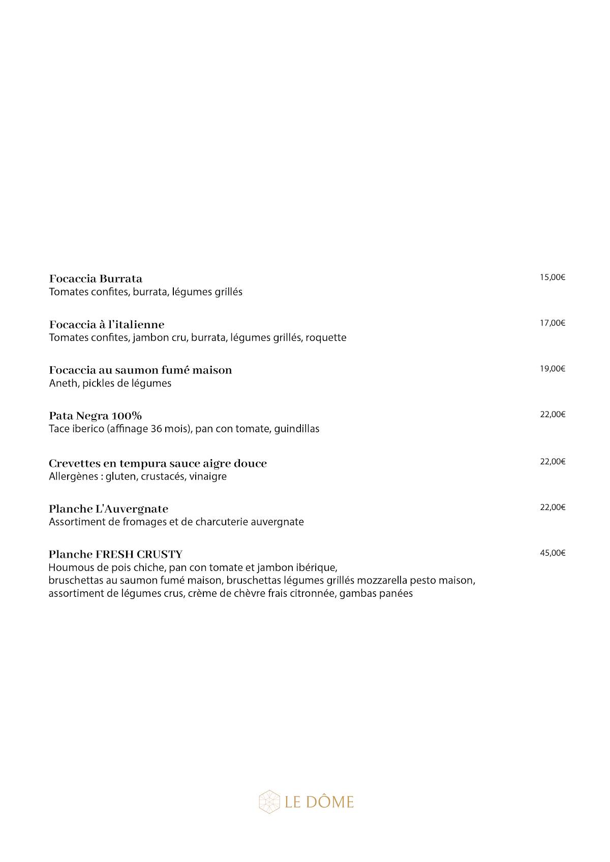 Menu de Le Dôme
