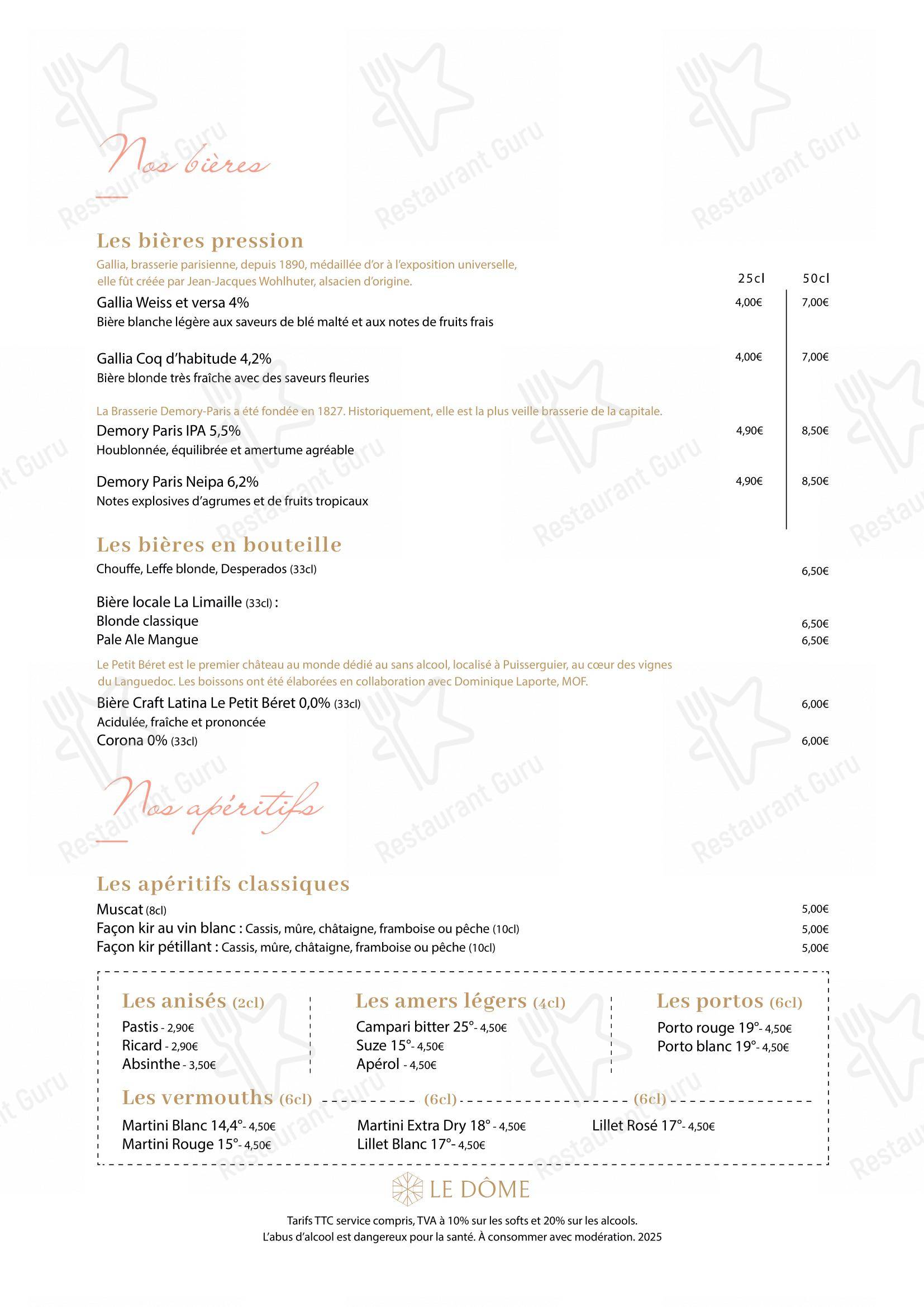 Menu bar pour Le Dôme restaurant