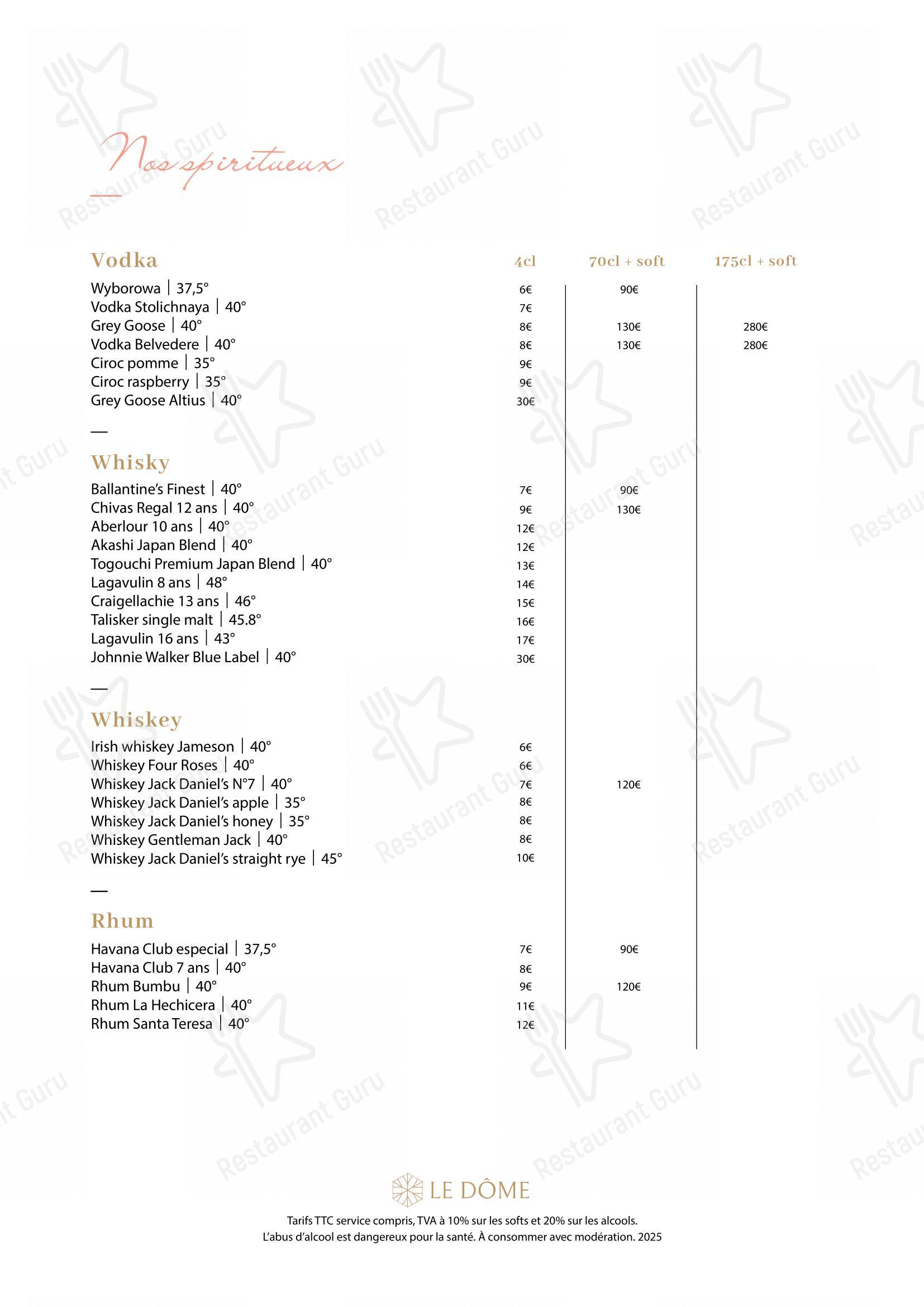 Menu bar pour Le Dôme restaurant