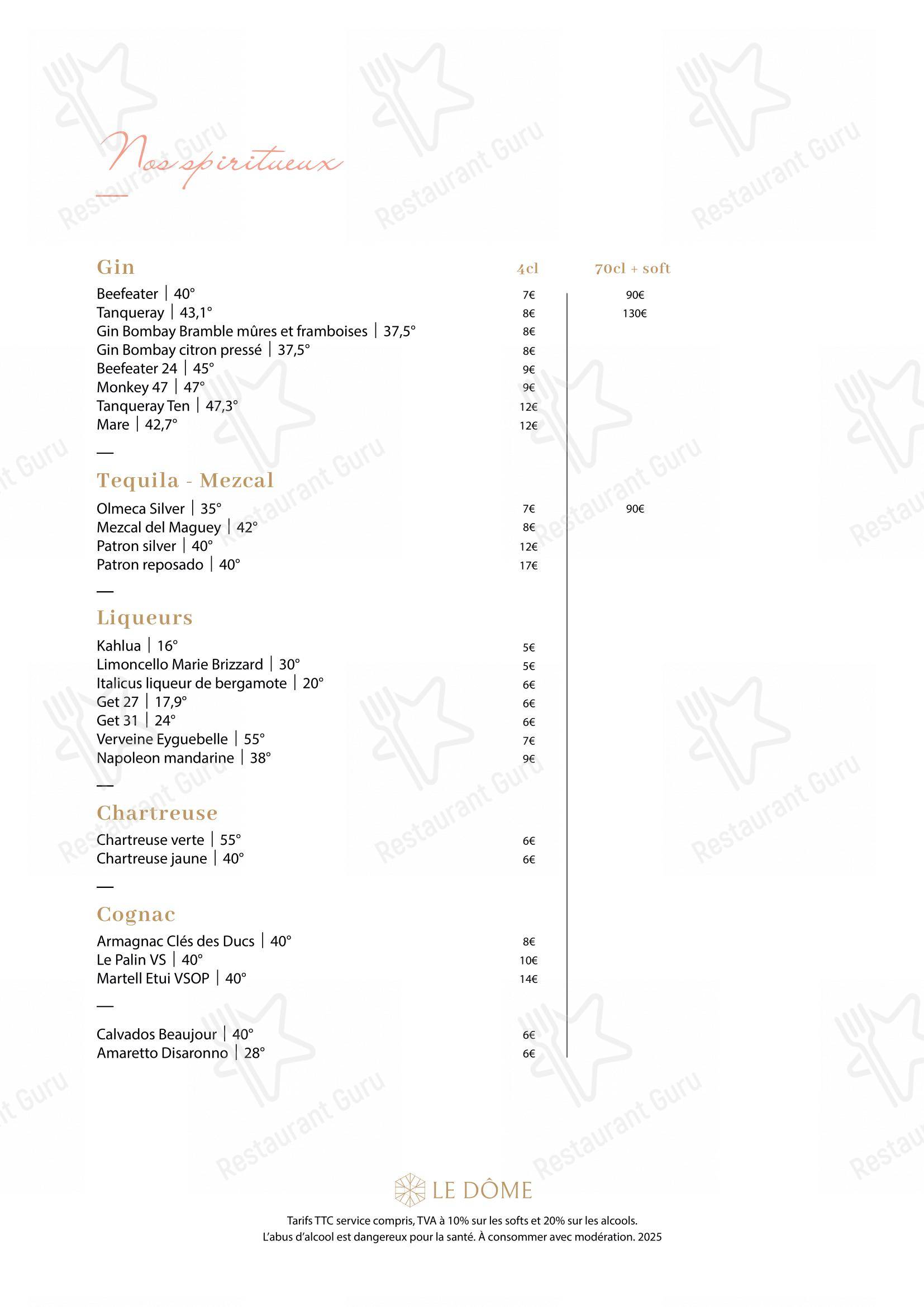 Menu pour Le Dôme - Menu bar