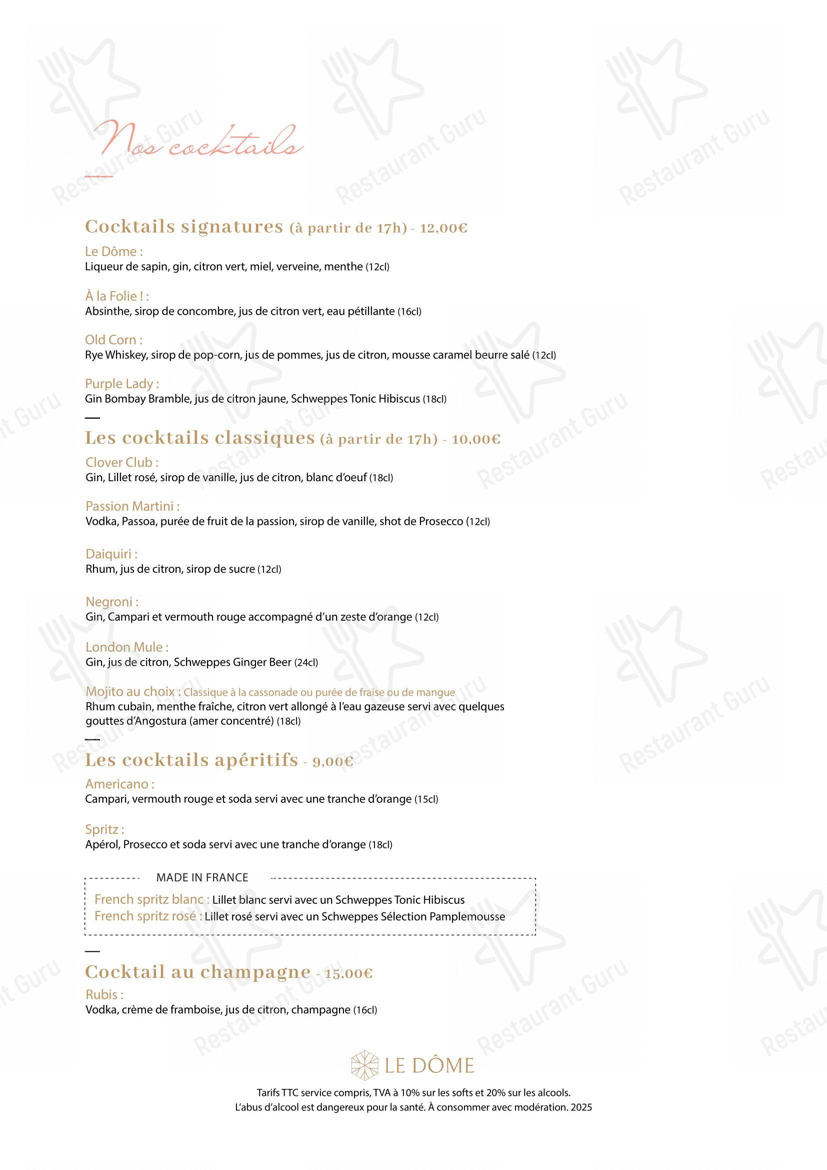 Menu bar pour Le Dôme restaurant